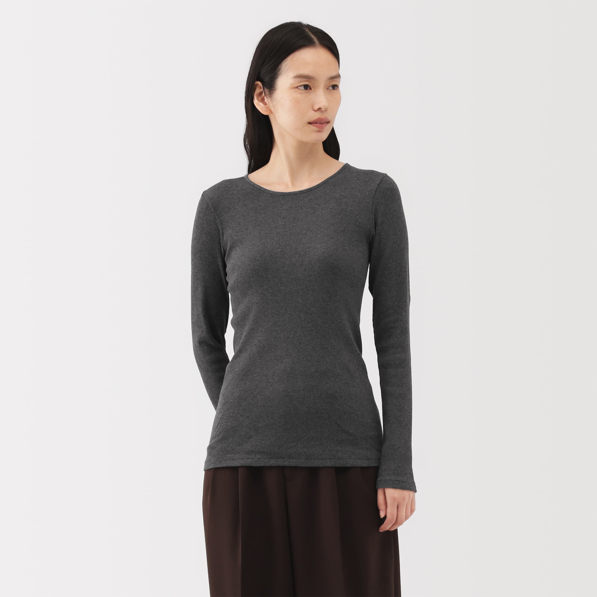 婦人　コットンカシミヤリブクルーネックＴシャツ