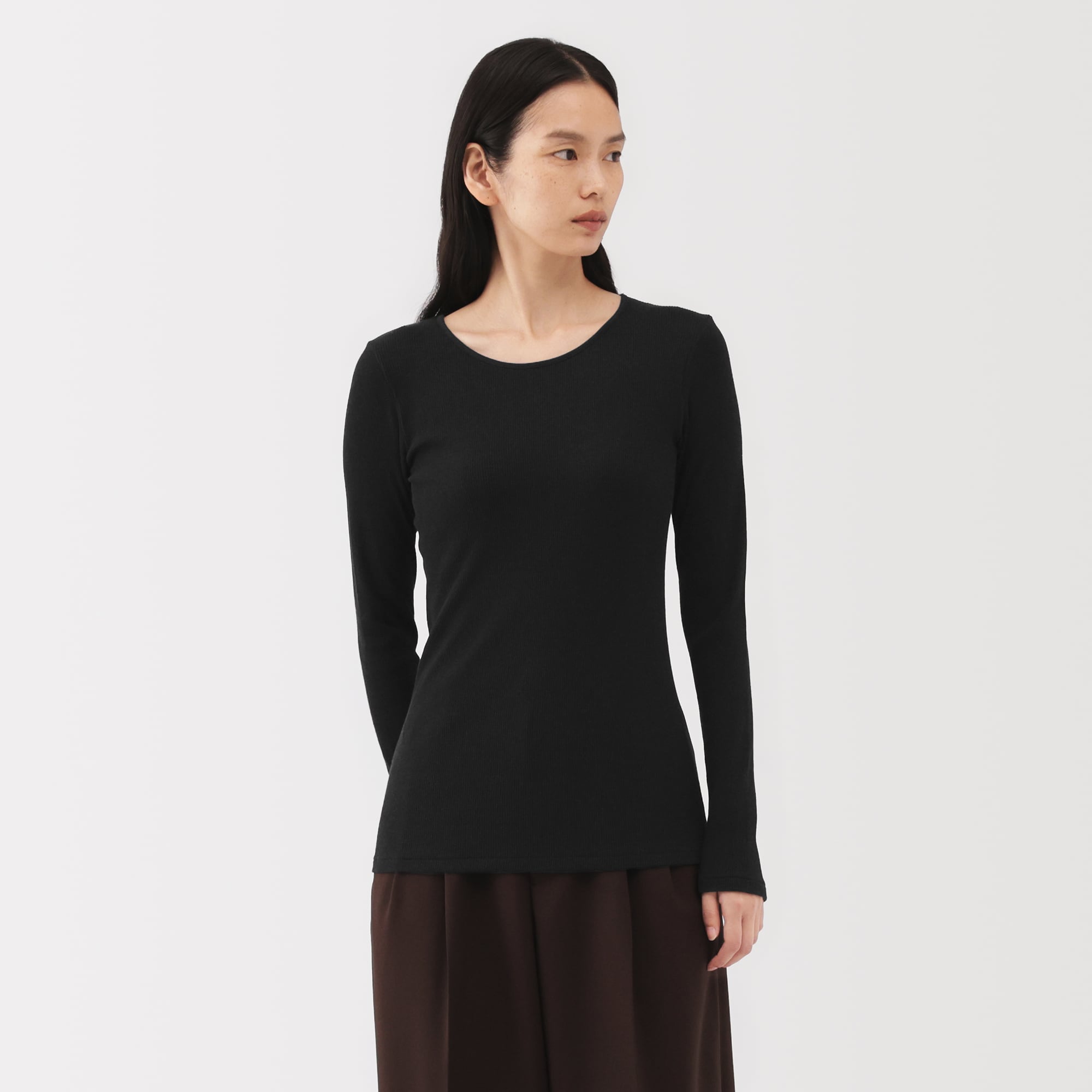 婦人　コットンカシミヤリブクルーネックＴシャツ