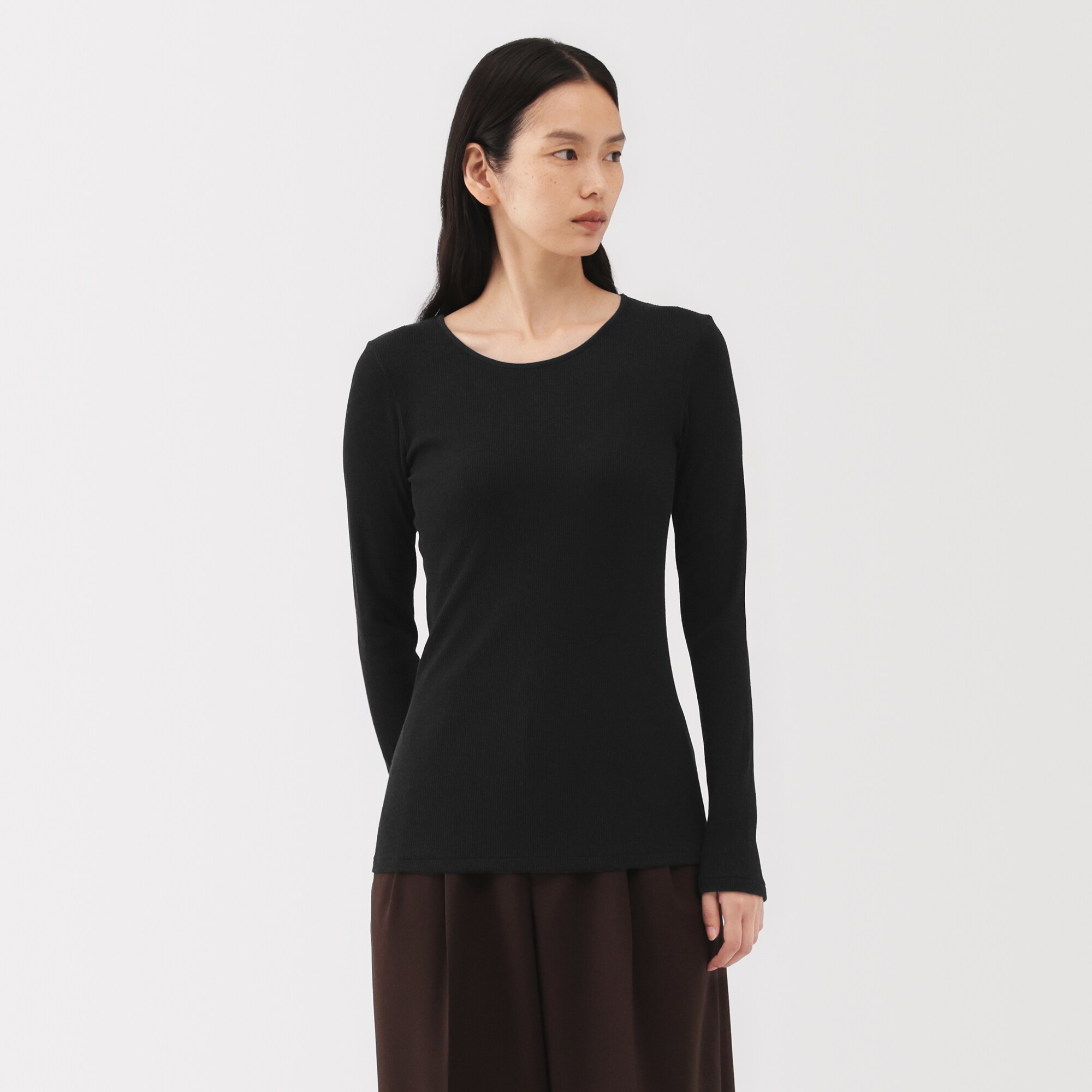 婦人　コットンカシミヤリブクルーネックＴシャツ