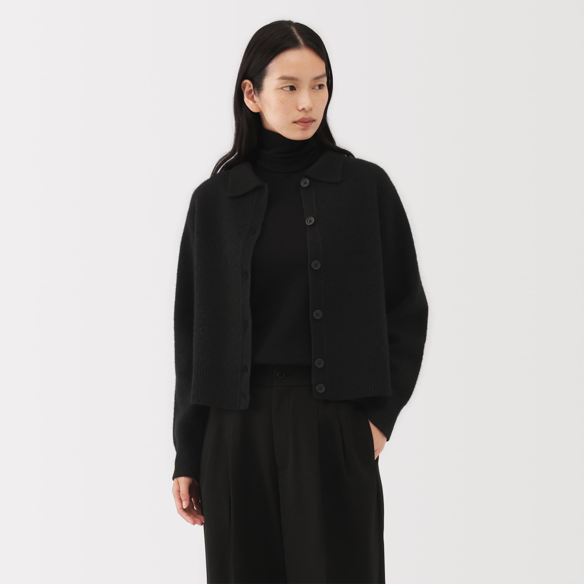 婦人　ヤク混襟付きカーディガン