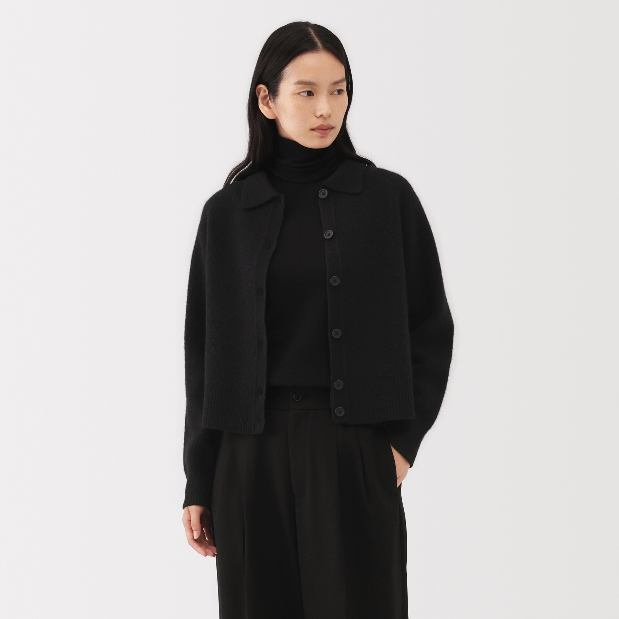 婦人　ヤク混襟付きカーディガン