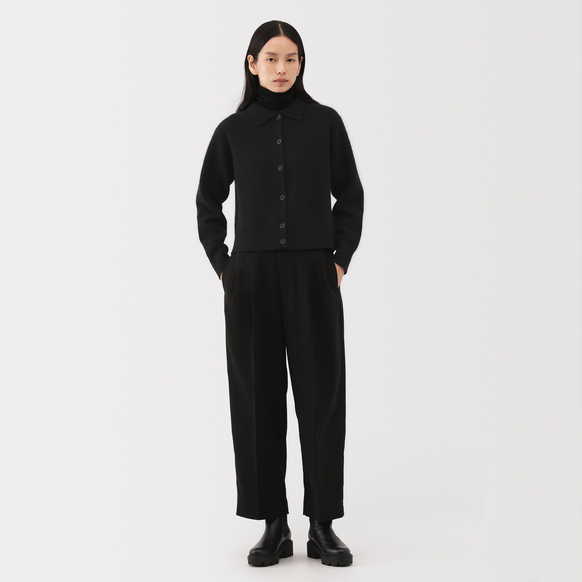 婦人　ヤク混襟付きカーディガン