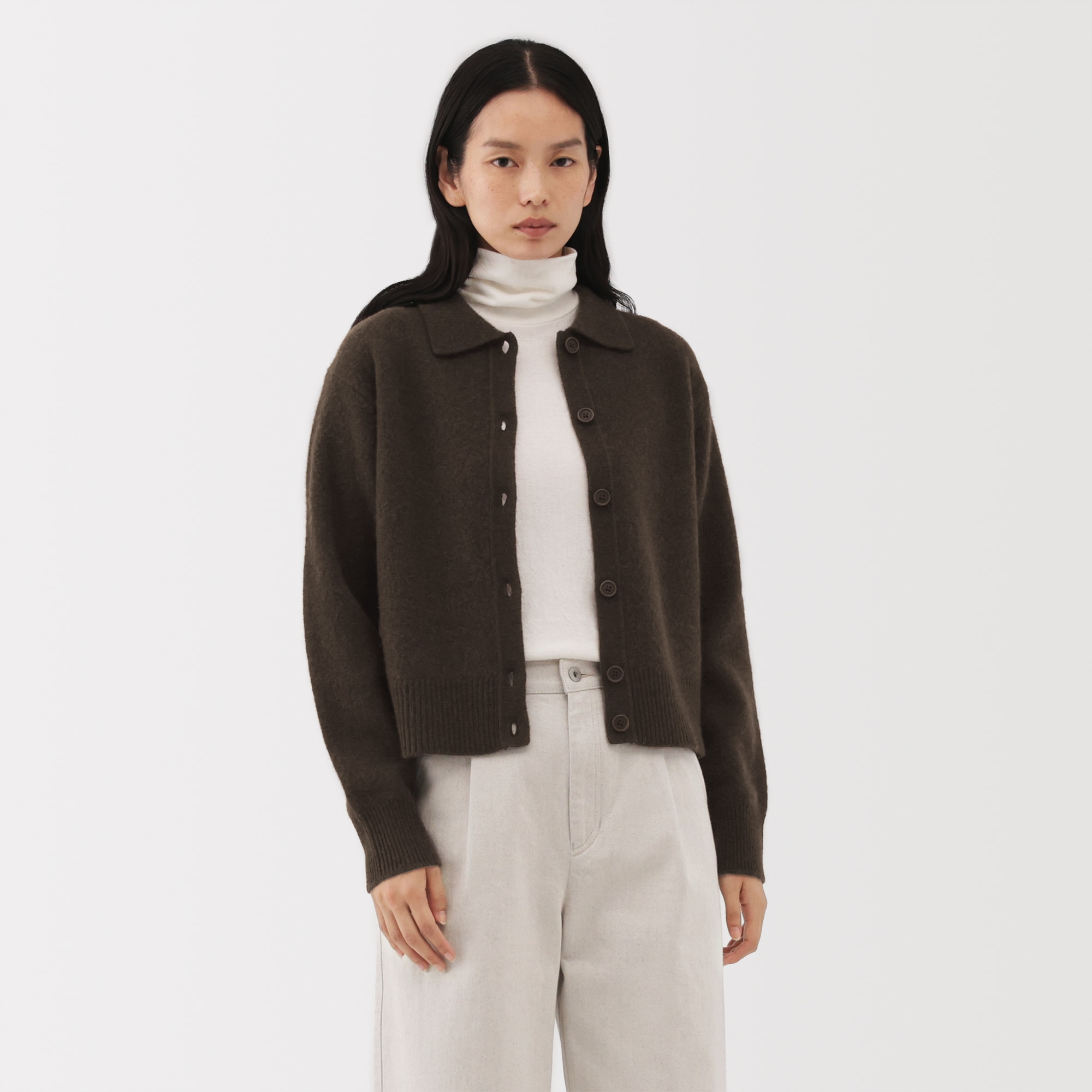 婦人　ヤク混襟付きカーディガン