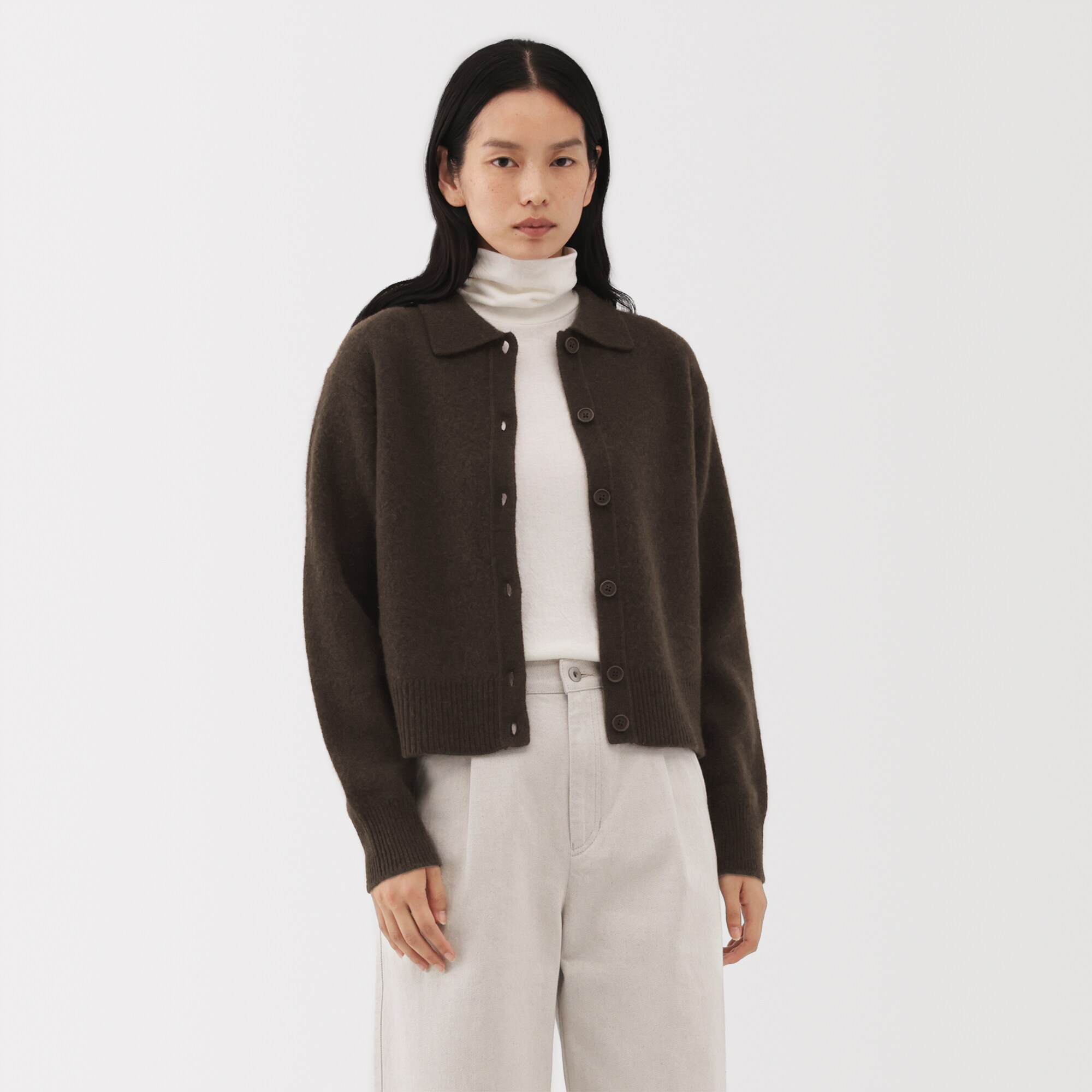 婦人　ヤク混襟付きカーディガン