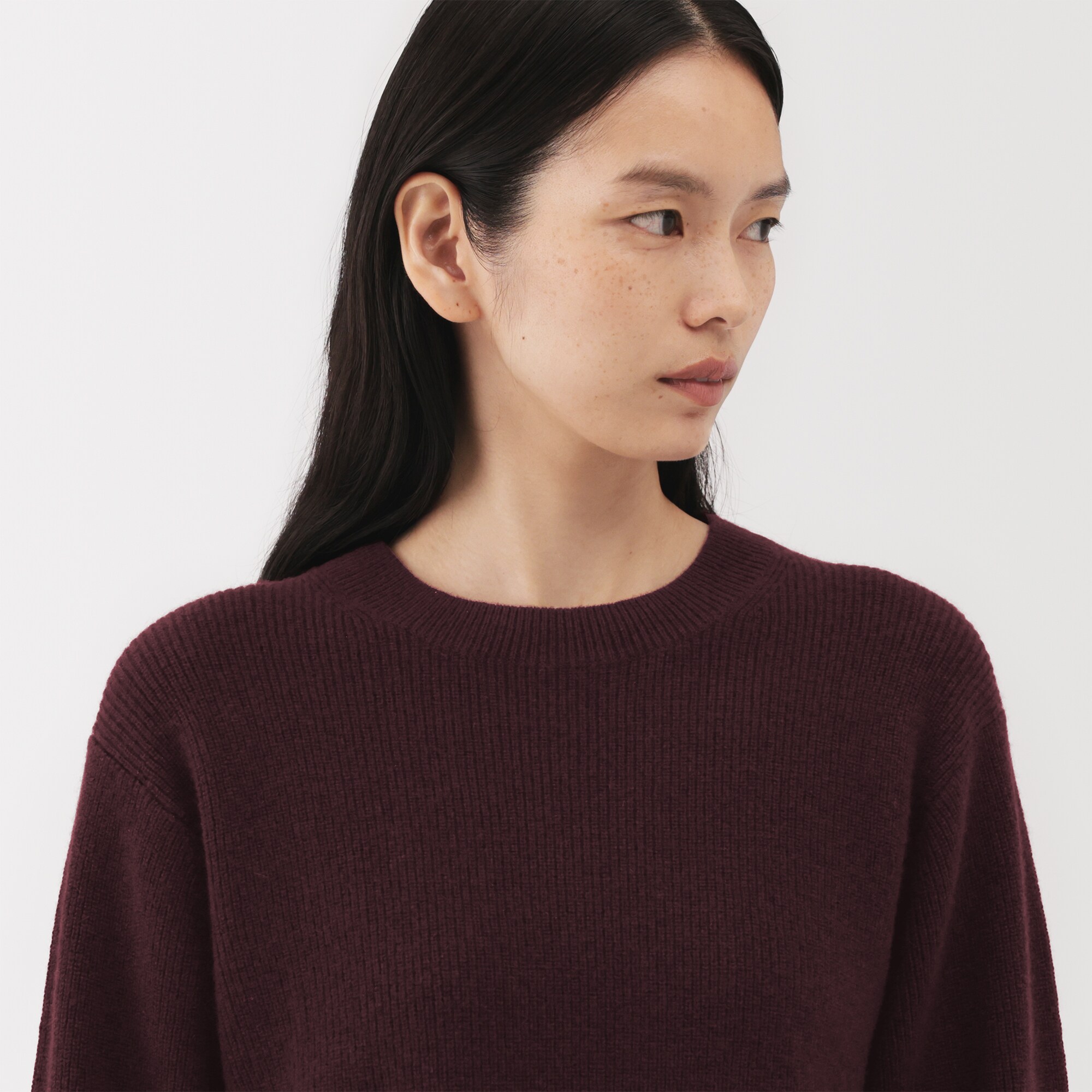 MUJI Labo 無印 紳士 ヤク畦編み クルーネックセーター バーガンディ 婦人 自然の色を生かして染色した ヤク畦編みクルーネックセーター