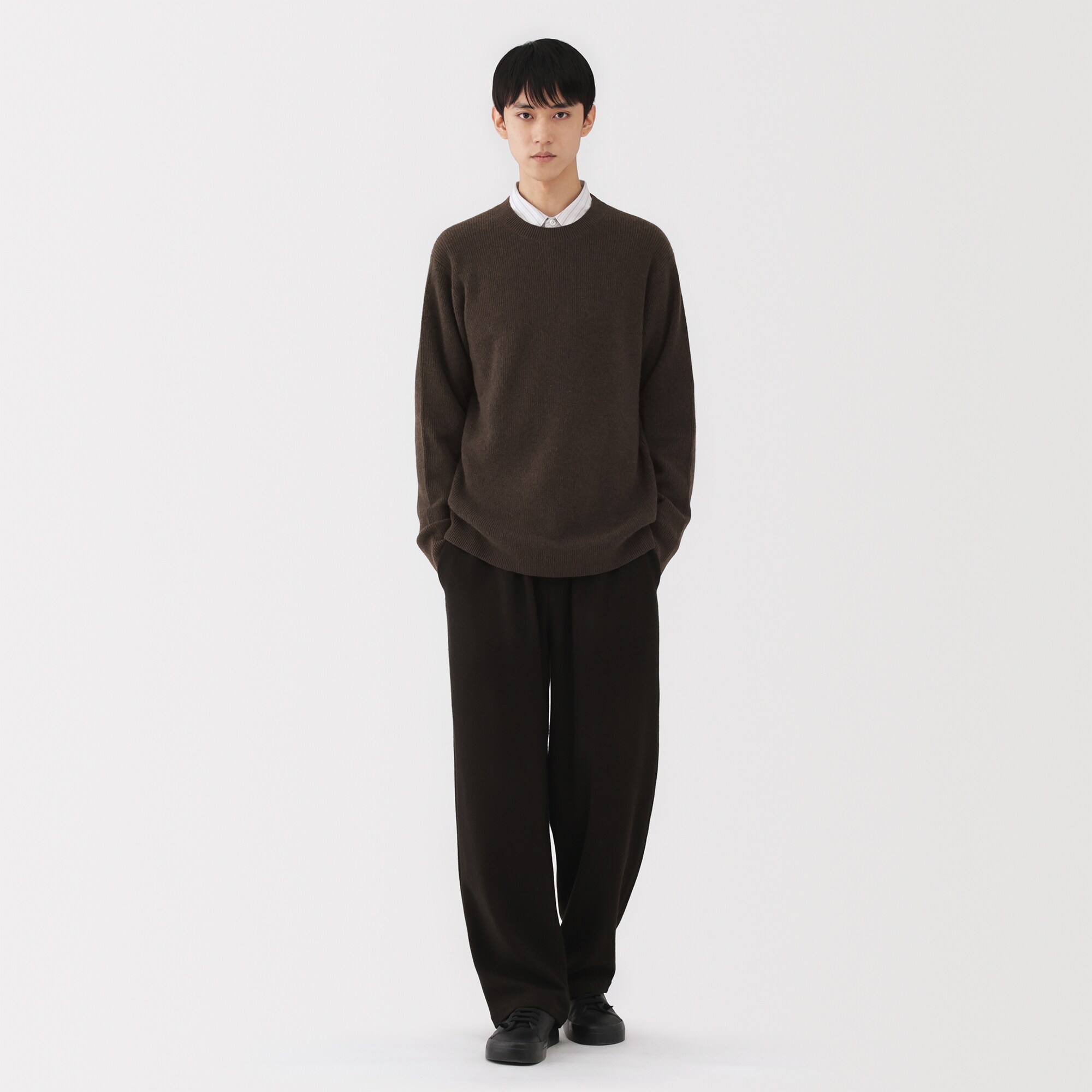 紳士　自然のまんまの色　ヤク畦編みクルーネックセーター