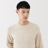 紳士　メリノウール畦編みエルボーパッチ付きクルーネックセーター