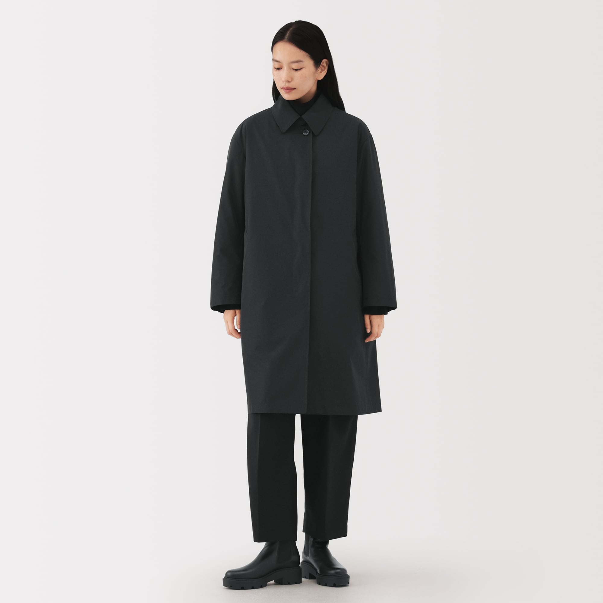 MUJI Labo ステンカラーコート 黒 婦人 ダウンライナー付き撥水ステンカラーコート | 無印良品