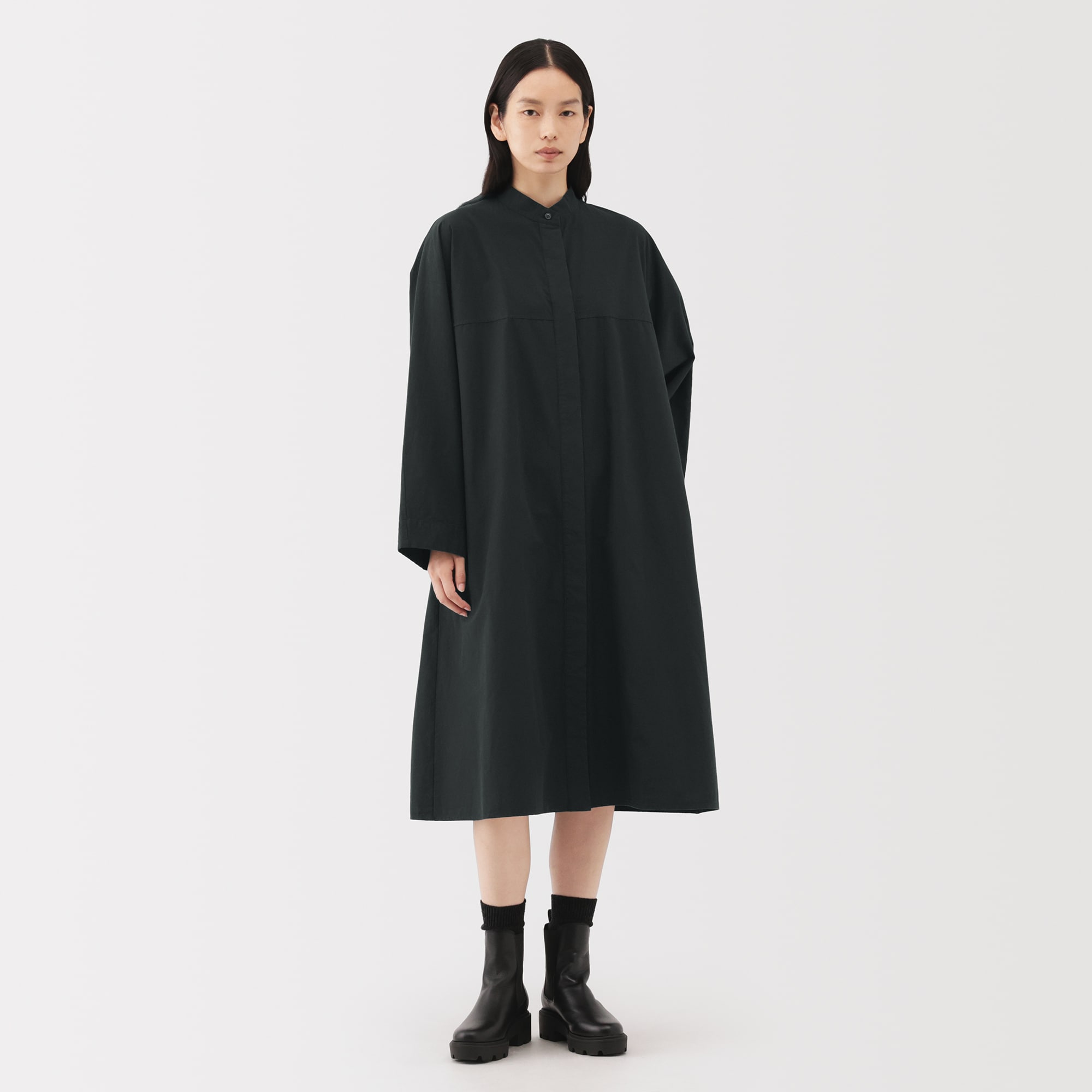 MUJI Labo コットンウール リラックスフィットシャツワンピース 黒M無印 婦人 コットンウールリラックスフィットシャツワンピース | 無印良品