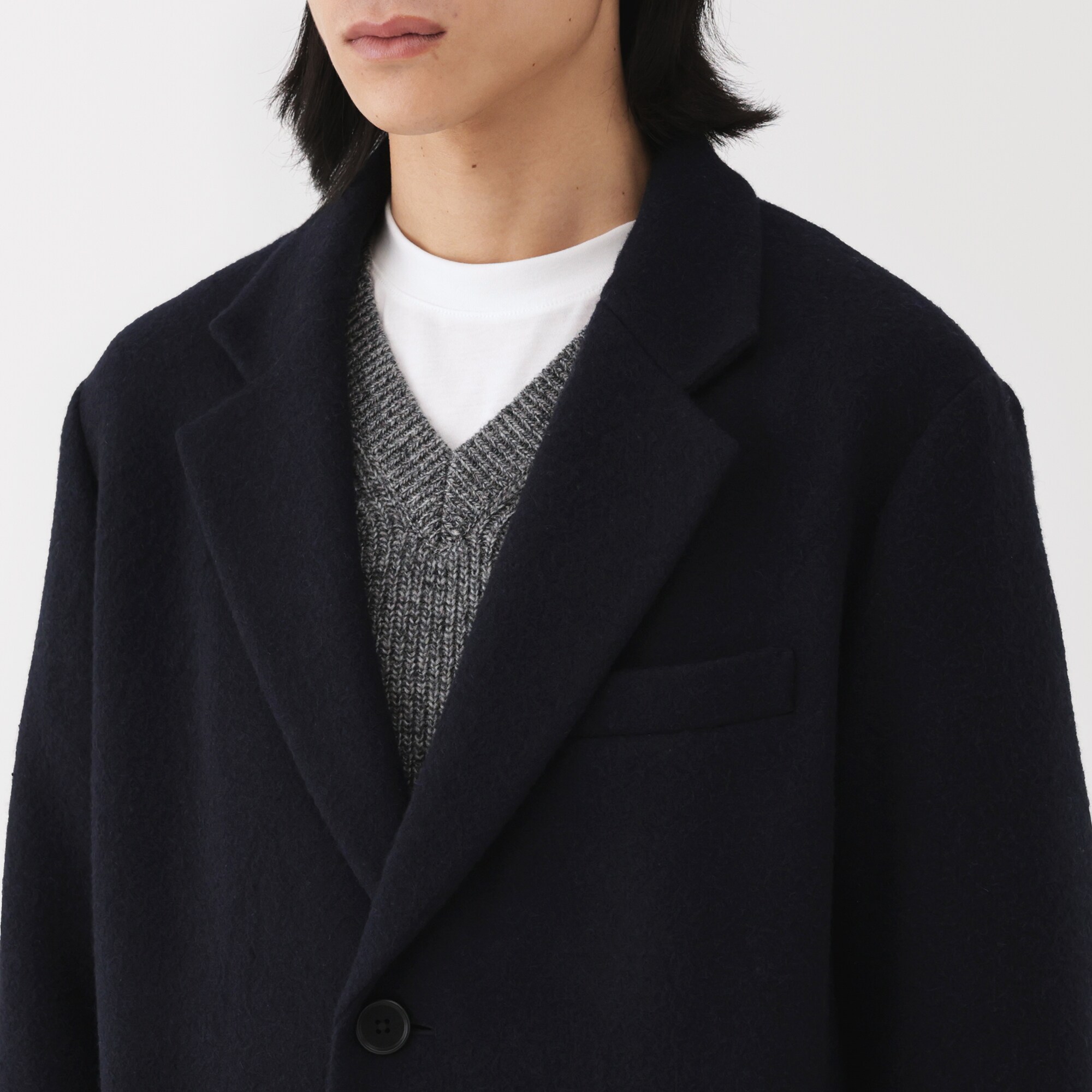 【タグ付き】【美品】無印良品　LL 再生ウール混チェスターコート　黒 無印良品 コート チェスターコート 再生ウール混チェスター