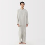 紳士　脇に縫い目のない　フランネル　スタンドカラー長袖パジャマ