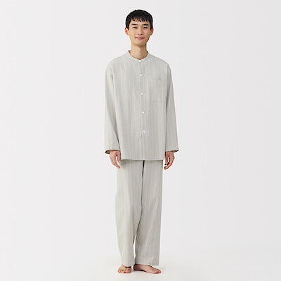 紳士　脇に縫い目のない　フランネル　スタンドカラー長袖パジャマ