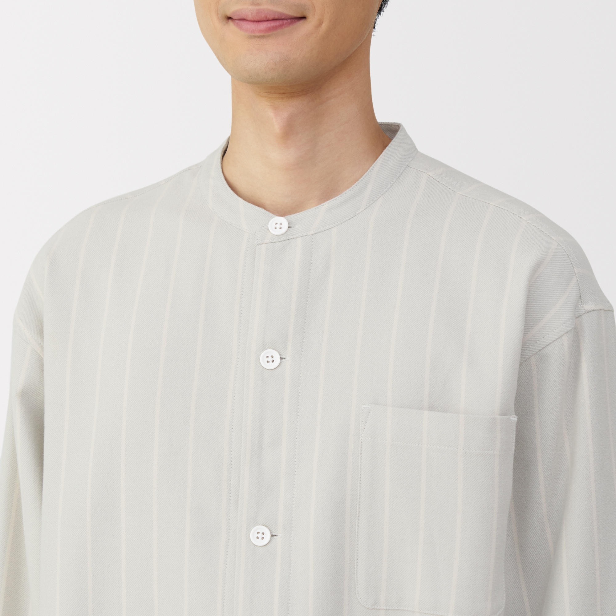 紳士　脇に縫い目のない　フランネル　スタンドカラー長袖パジャマ