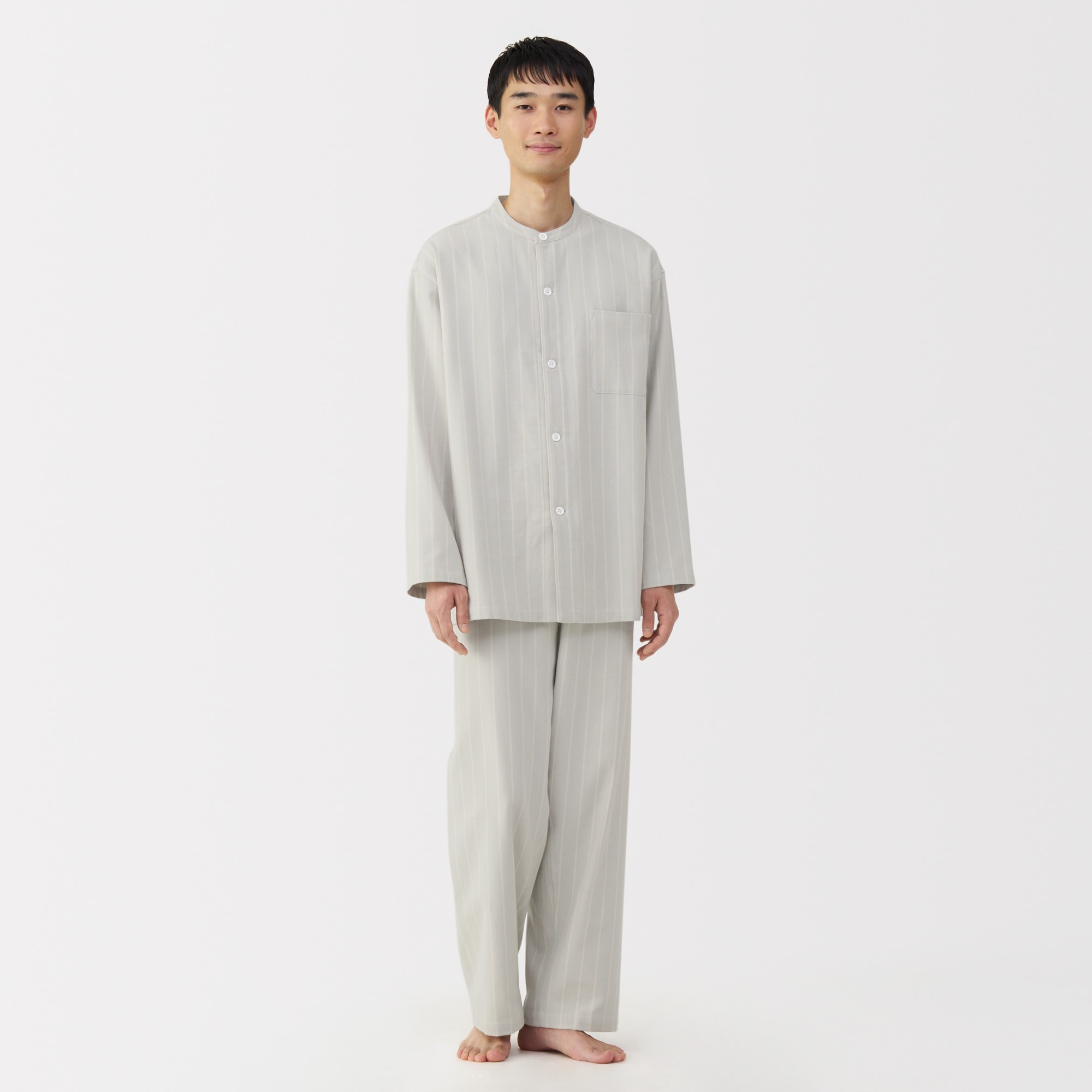 紳士　脇に縫い目のない　フランネル　スタンドカラー長袖パジャマ