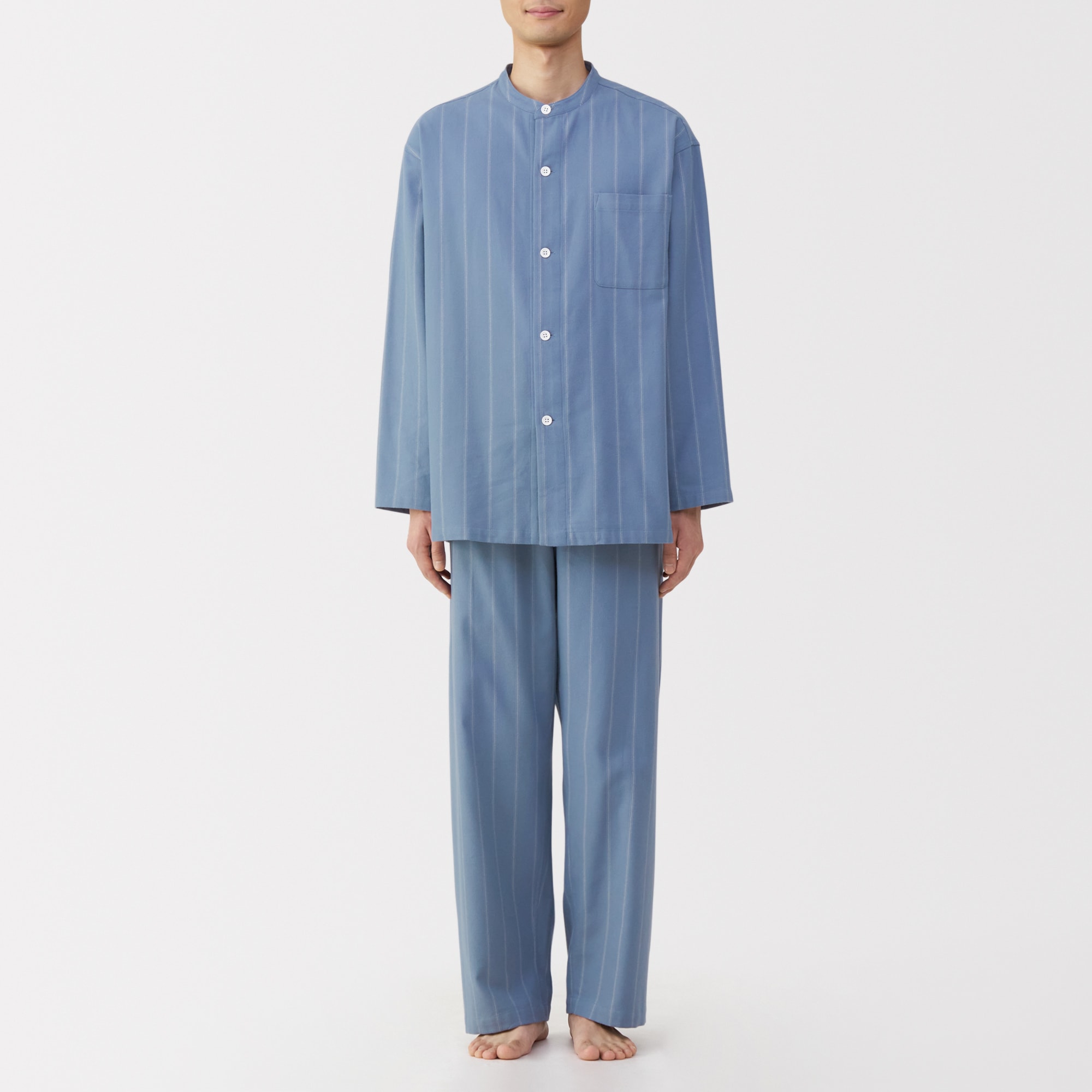 紳士　脇に縫い目のない　フランネル　スタンドカラー長袖パジャマ