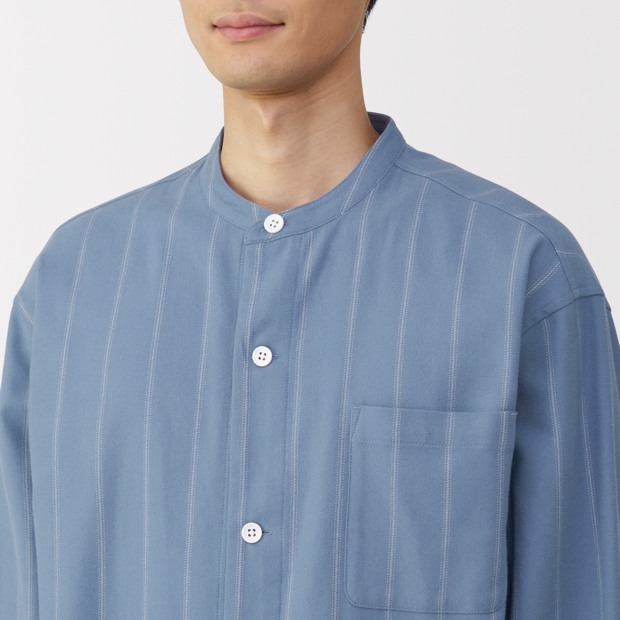 紳士　脇に縫い目のない　フランネル　スタンドカラー長袖パジャマ