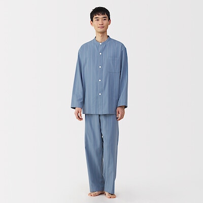 紳士　脇に縫い目のない　フランネル　スタンドカラー長袖パジャマ