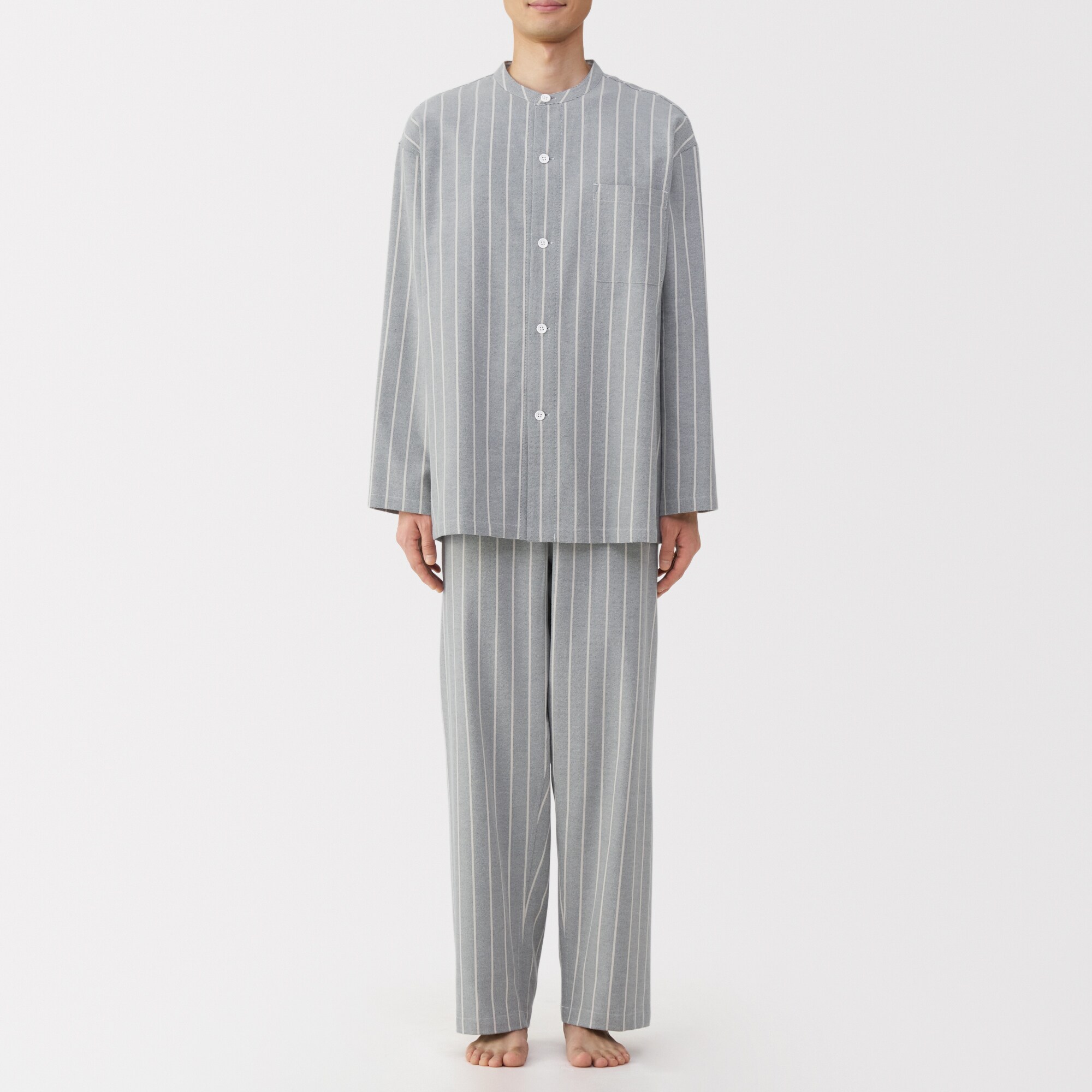 紳士　脇に縫い目のない　フランネル　スタンドカラー長袖パジャマ
