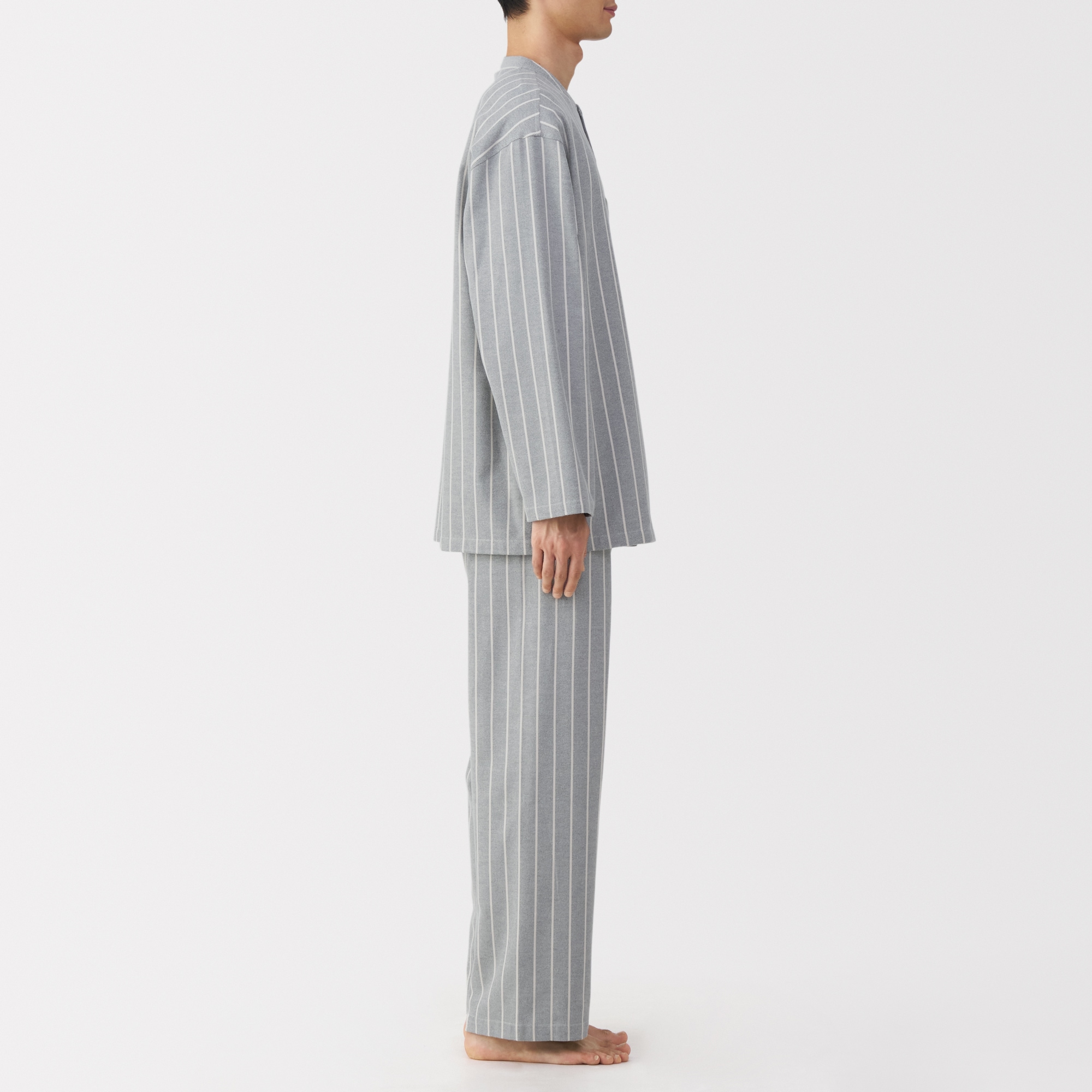 紳士　脇に縫い目のない　フランネル　スタンドカラー長袖パジャマ