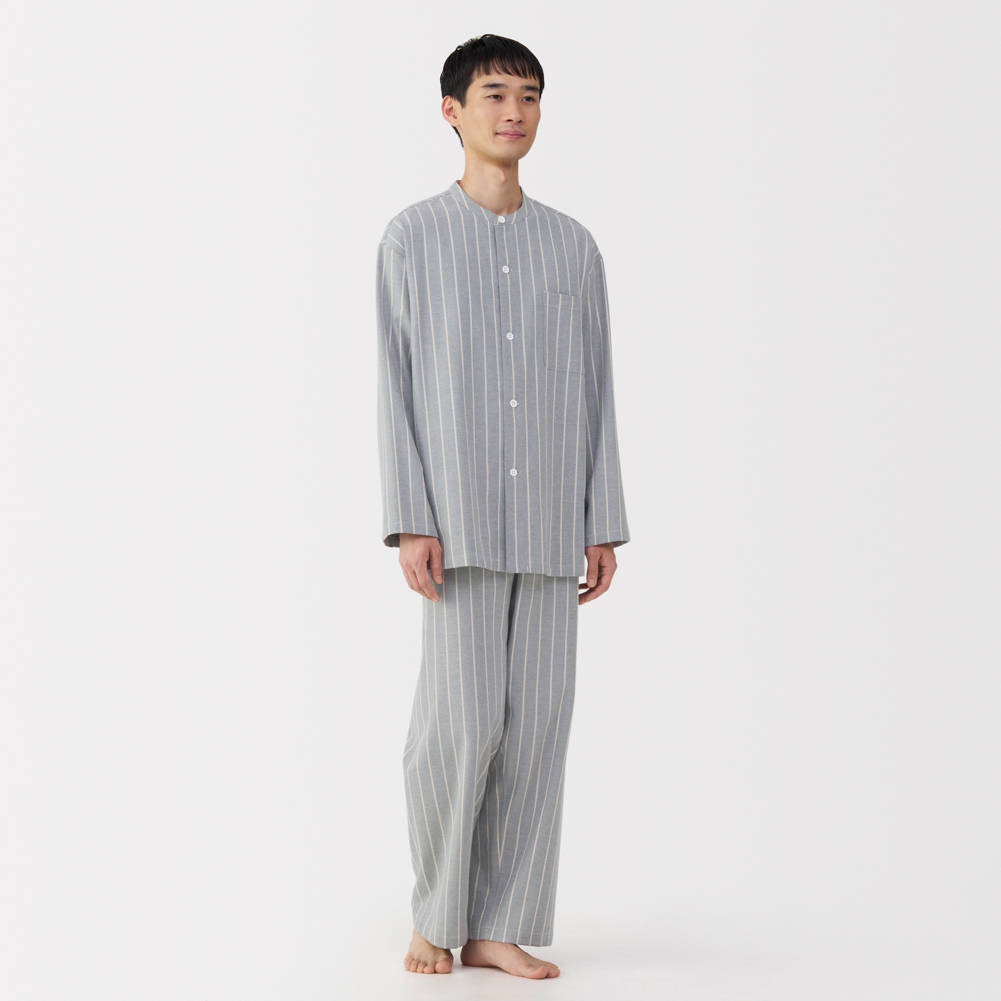 紳士　脇に縫い目のない　フランネル　スタンドカラー長袖パジャマ