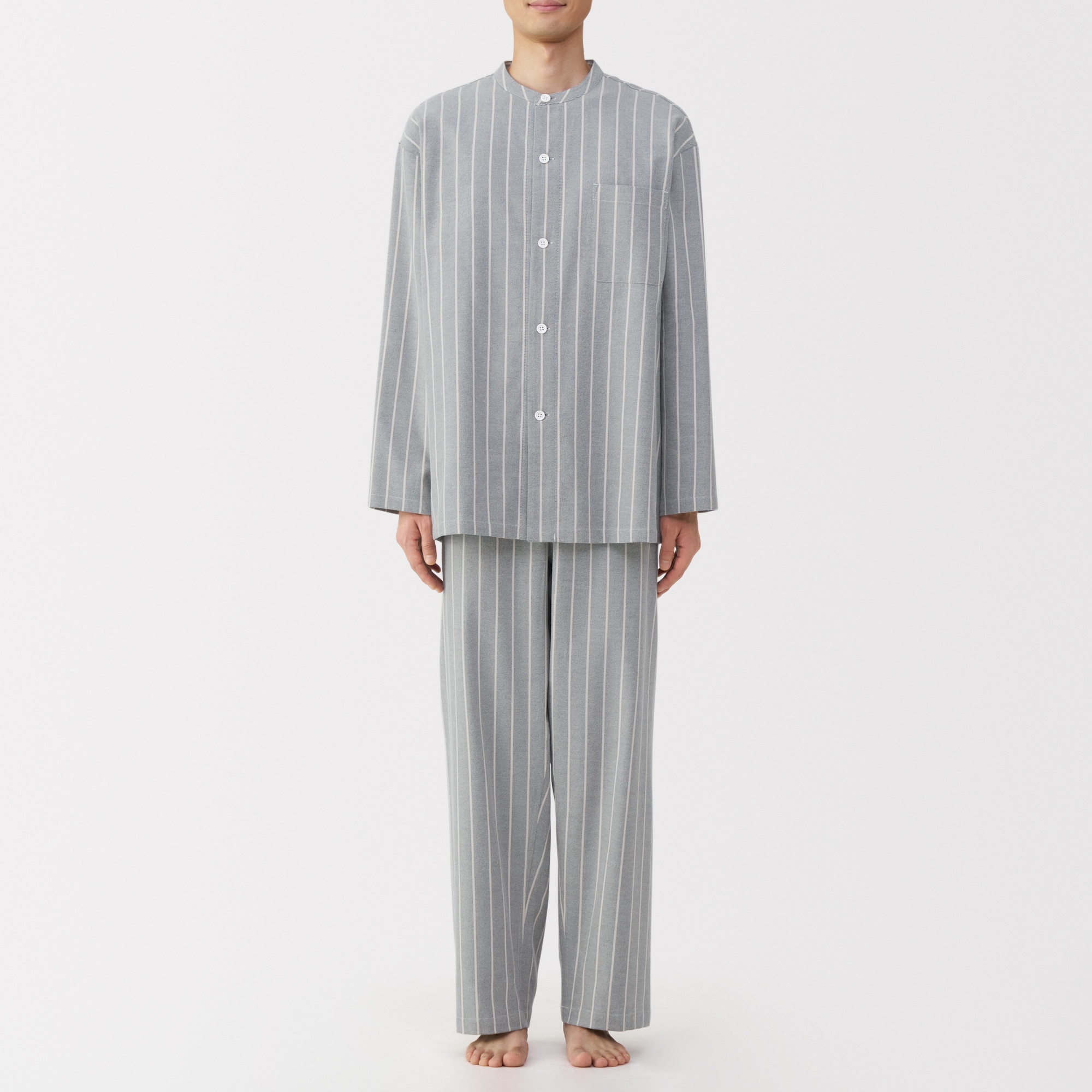 紳士　脇に縫い目のない　フランネル　スタンドカラー長袖パジャマ