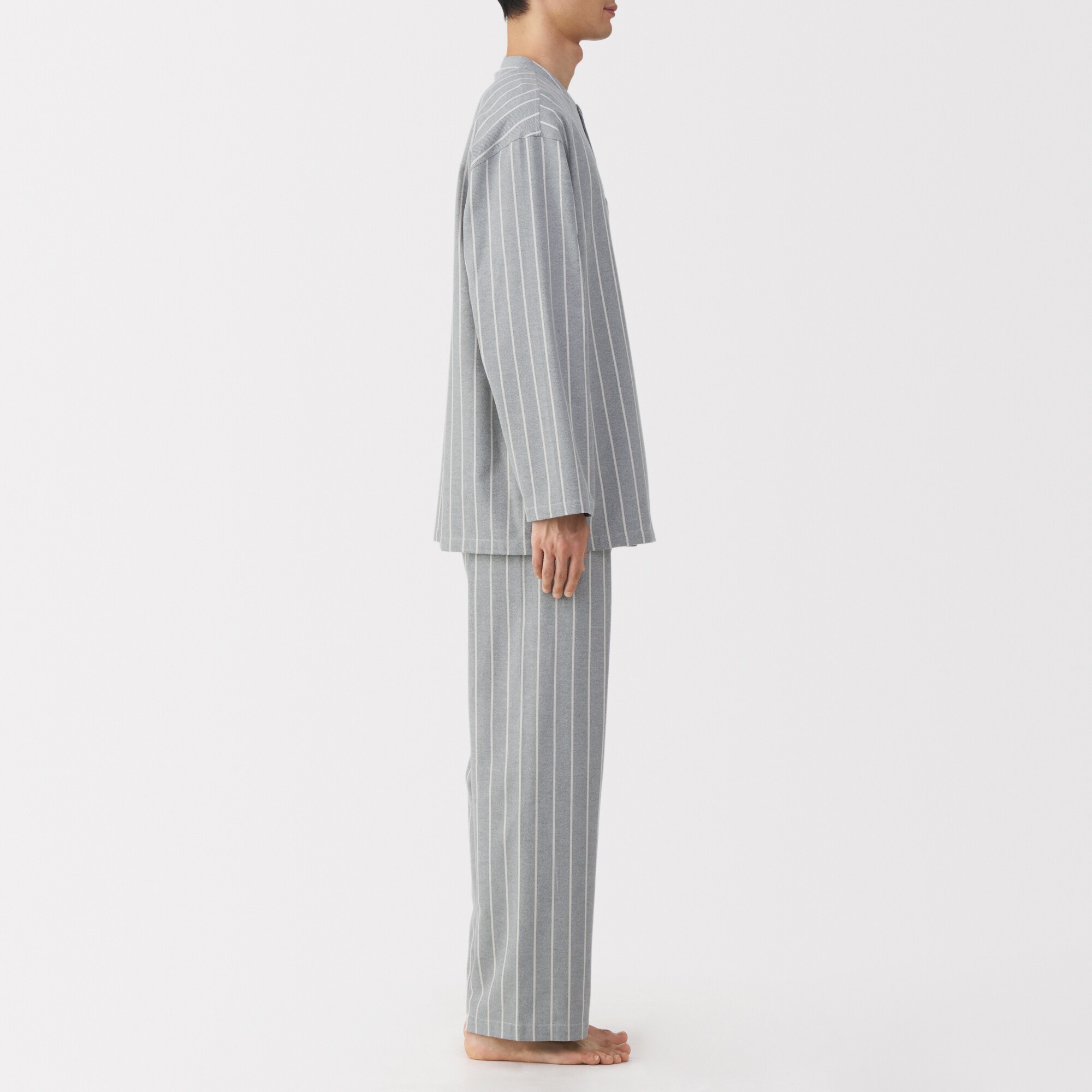 紳士　脇に縫い目のない　フランネル　スタンドカラー長袖パジャマ