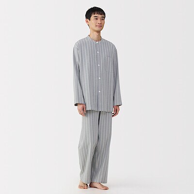 紳士　脇に縫い目のない　フランネル　スタンドカラー長袖パジャマ