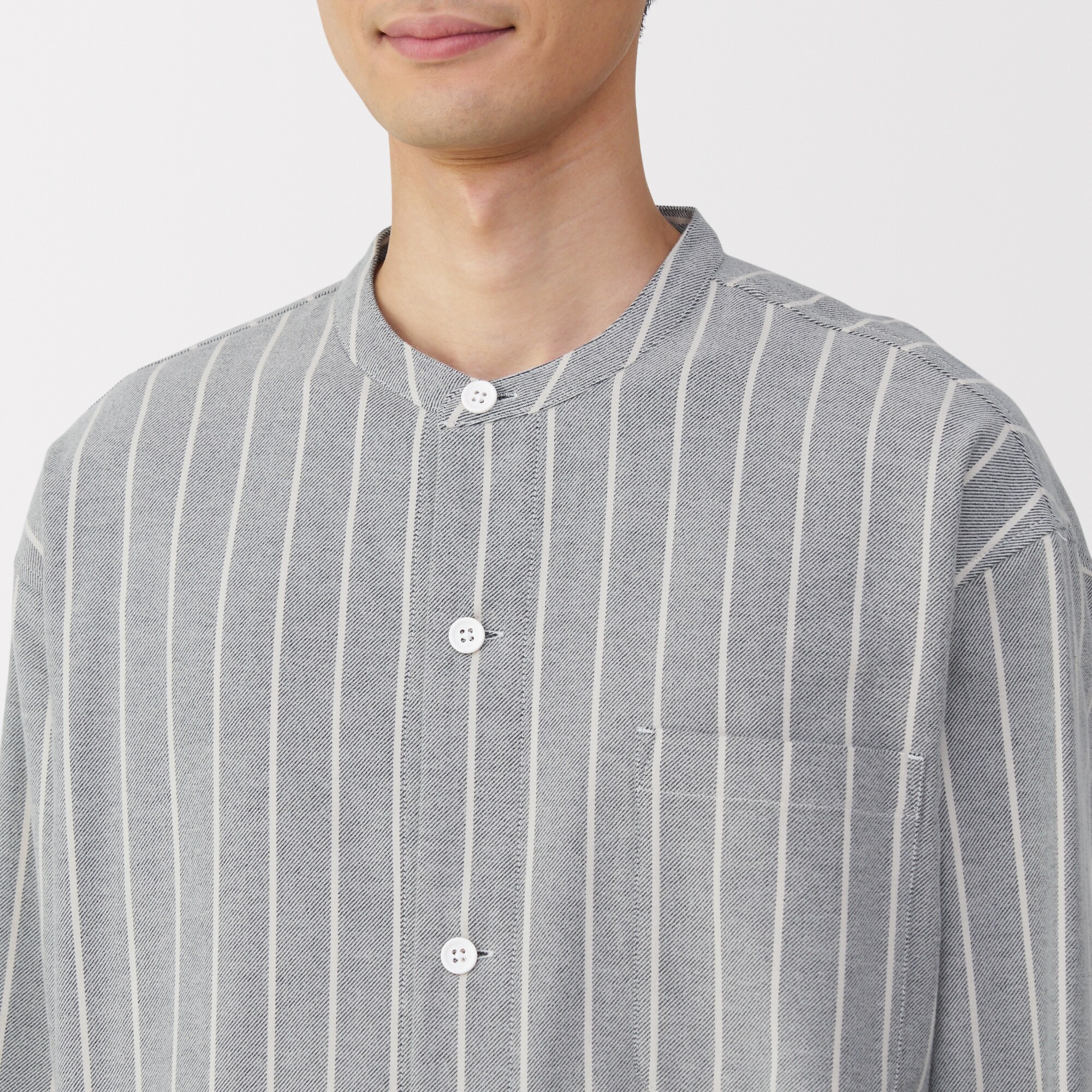 紳士　脇に縫い目のない　フランネル　スタンドカラー長袖パジャマ