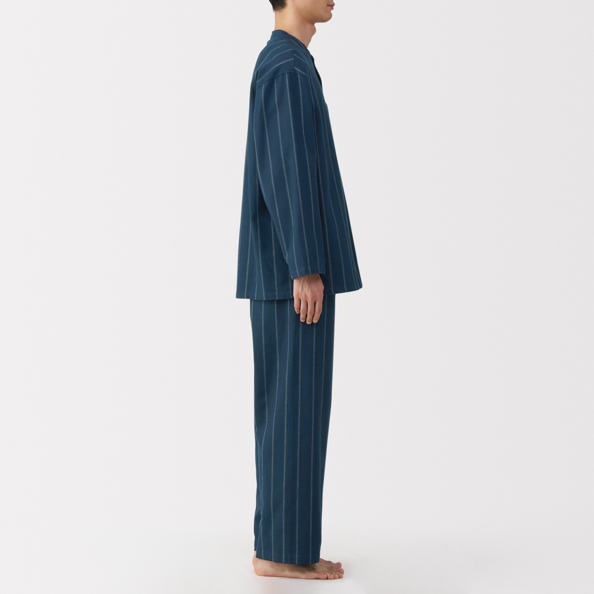 紳士　脇に縫い目のない　フランネル　スタンドカラー長袖パジャマ