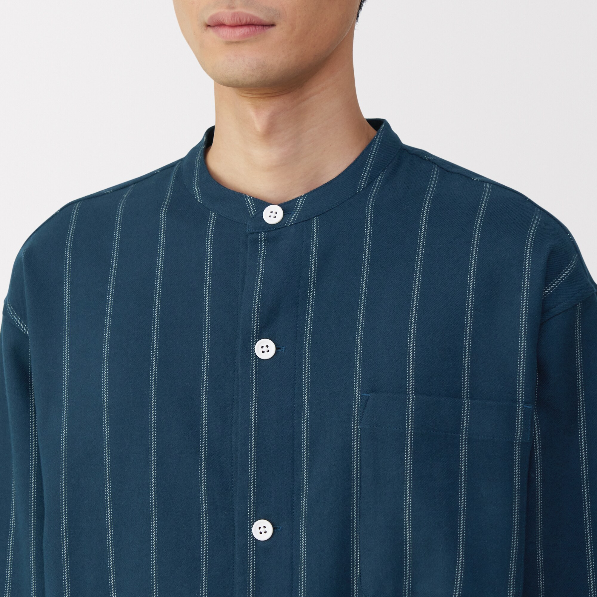 紳士　脇に縫い目のない　フランネル　スタンドカラー長袖パジャマ