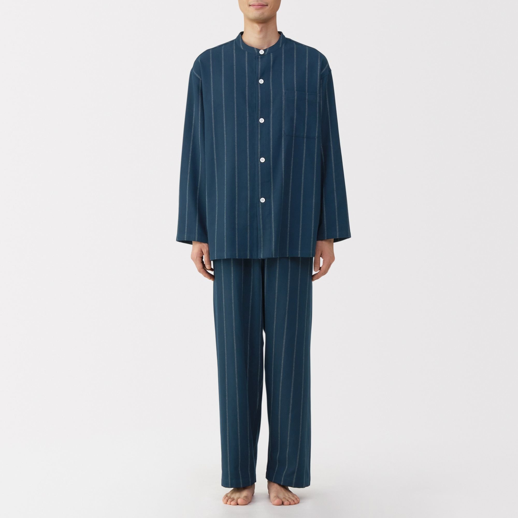 紳士　脇に縫い目のない　フランネル　スタンドカラー長袖パジャマ