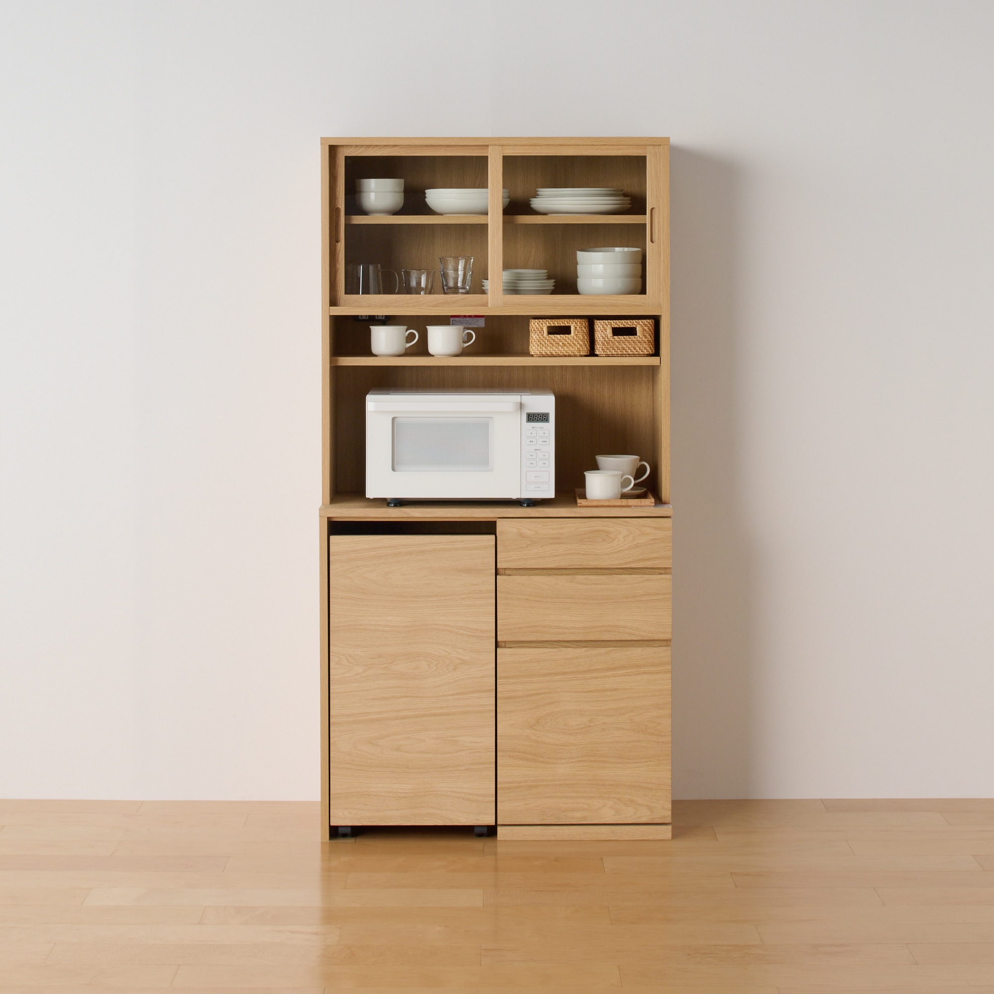 木製カップボード　幅８８ｃｍ　オーク材突板