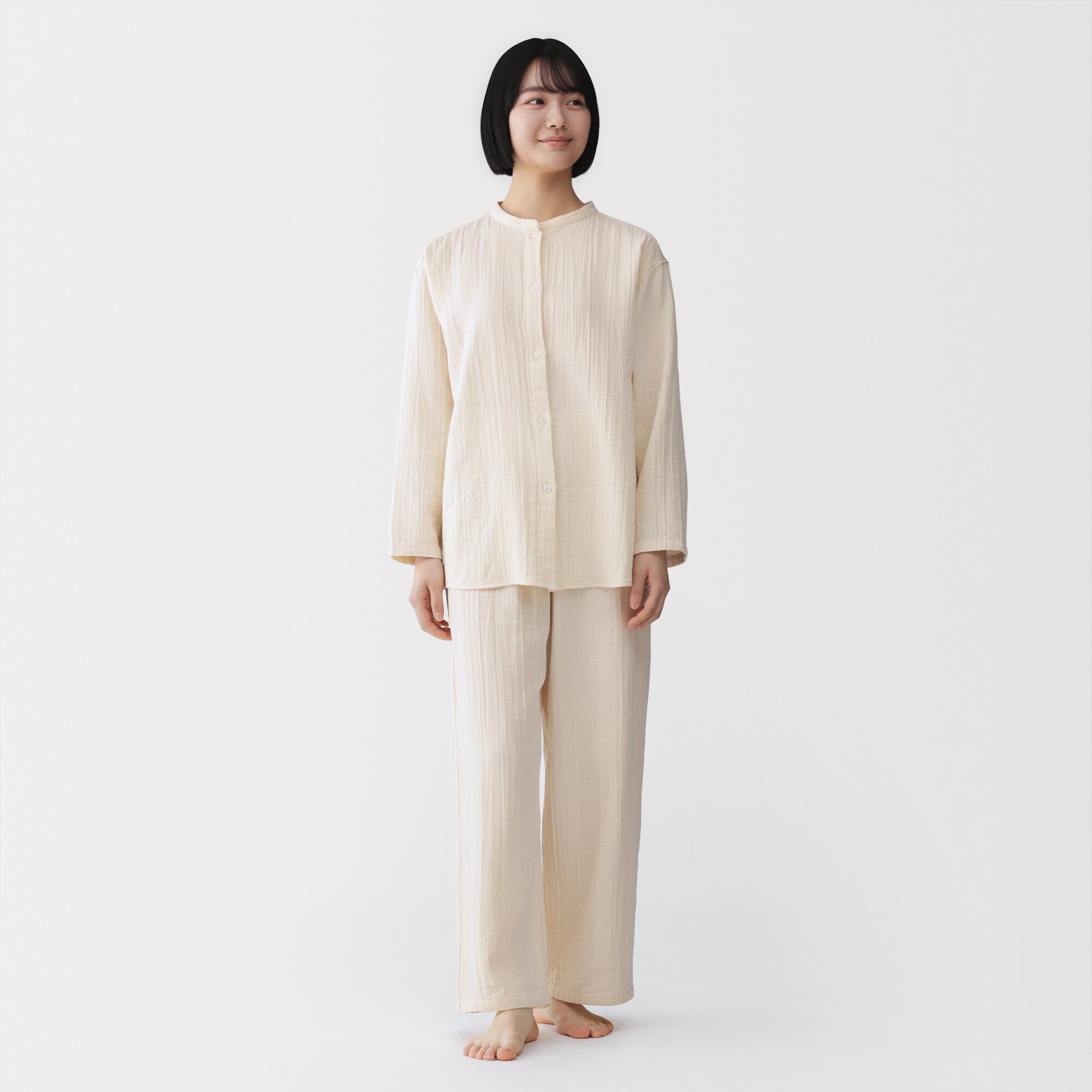 婦人　脇に縫い目のない　チーズクロスガーゼ長袖パジャマ　