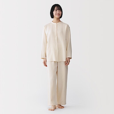 婦人　脇に縫い目のない　チーズクロスガーゼ長袖パジャマ　
