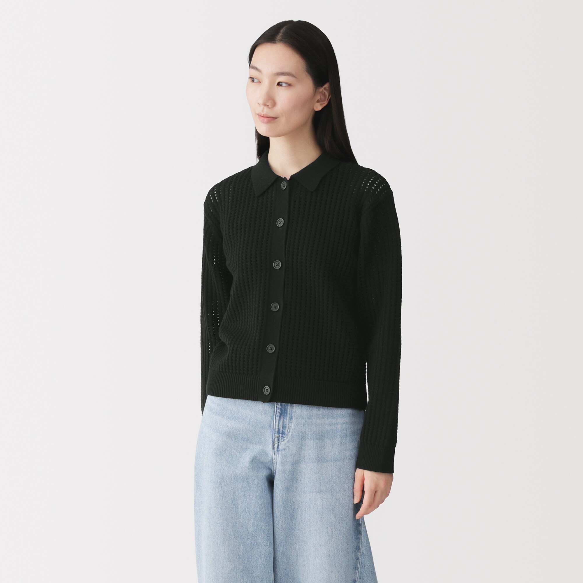 婦人　洗えるメッシュポロカーディガン