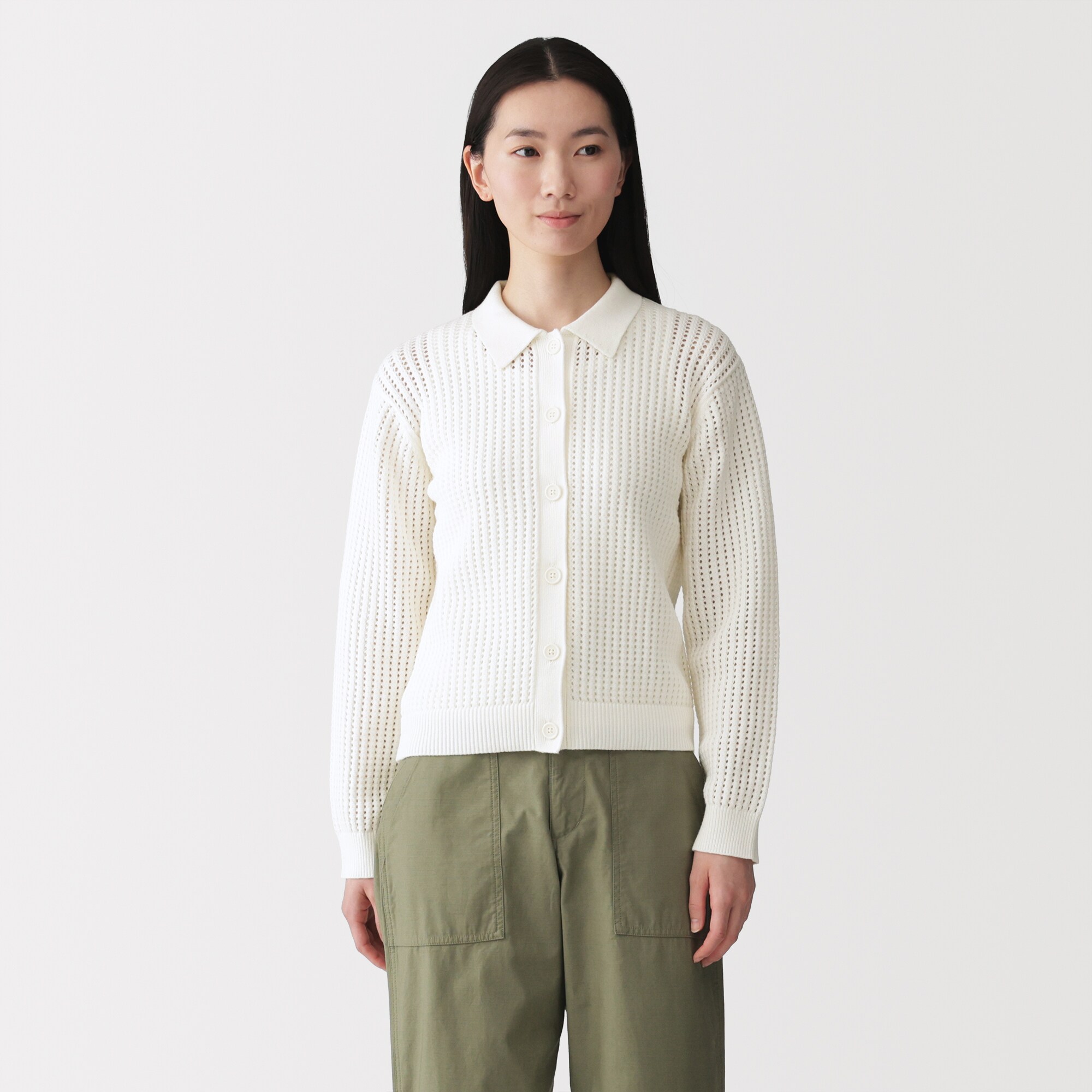 婦人　洗えるメッシュポロカーディガン