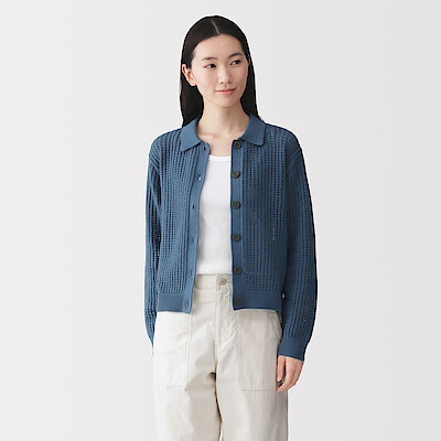 【１２月中旬発売予定】婦人　洗えるメッシュポロカーディガン
