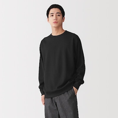 紳士　素材に還るワッフル編みクルーネック長袖Ｔシャツ