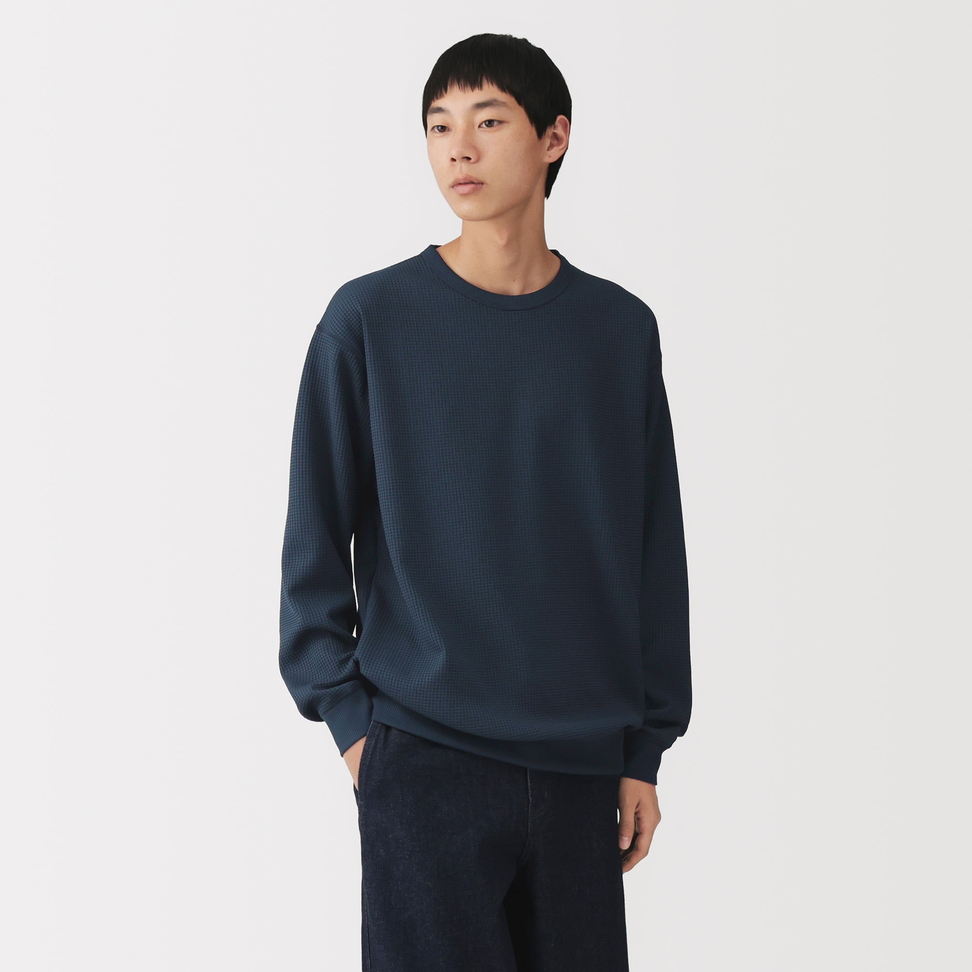 O-wau no ダークネイビー 長袖トップス M 紳士 UVカット乾きやすいワッフルクルーネック長袖Tシャツ | 無印良品