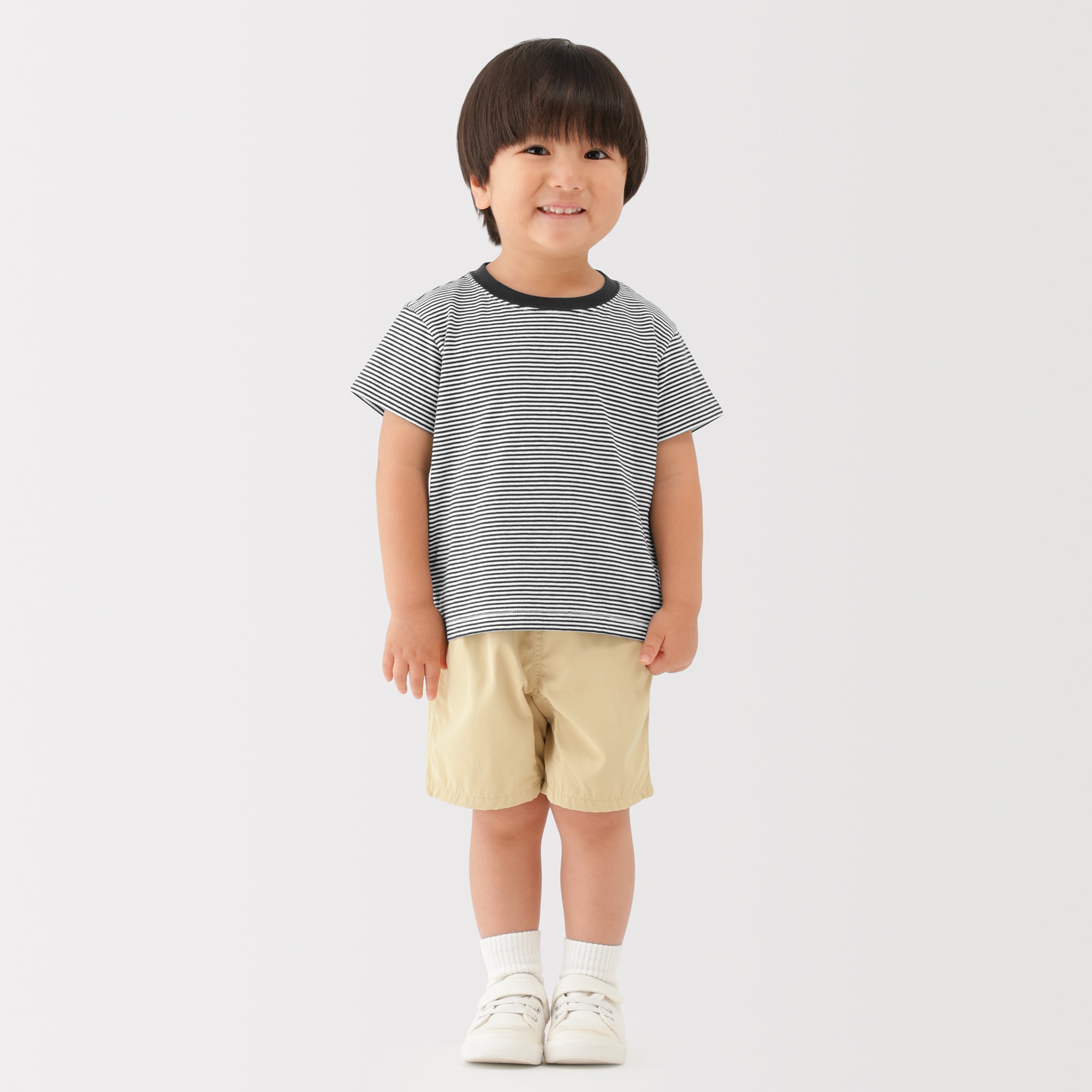 ベビー　あたまするっと　綿天竺編みクルーネック半袖Ｔシャツ　ボーダー
