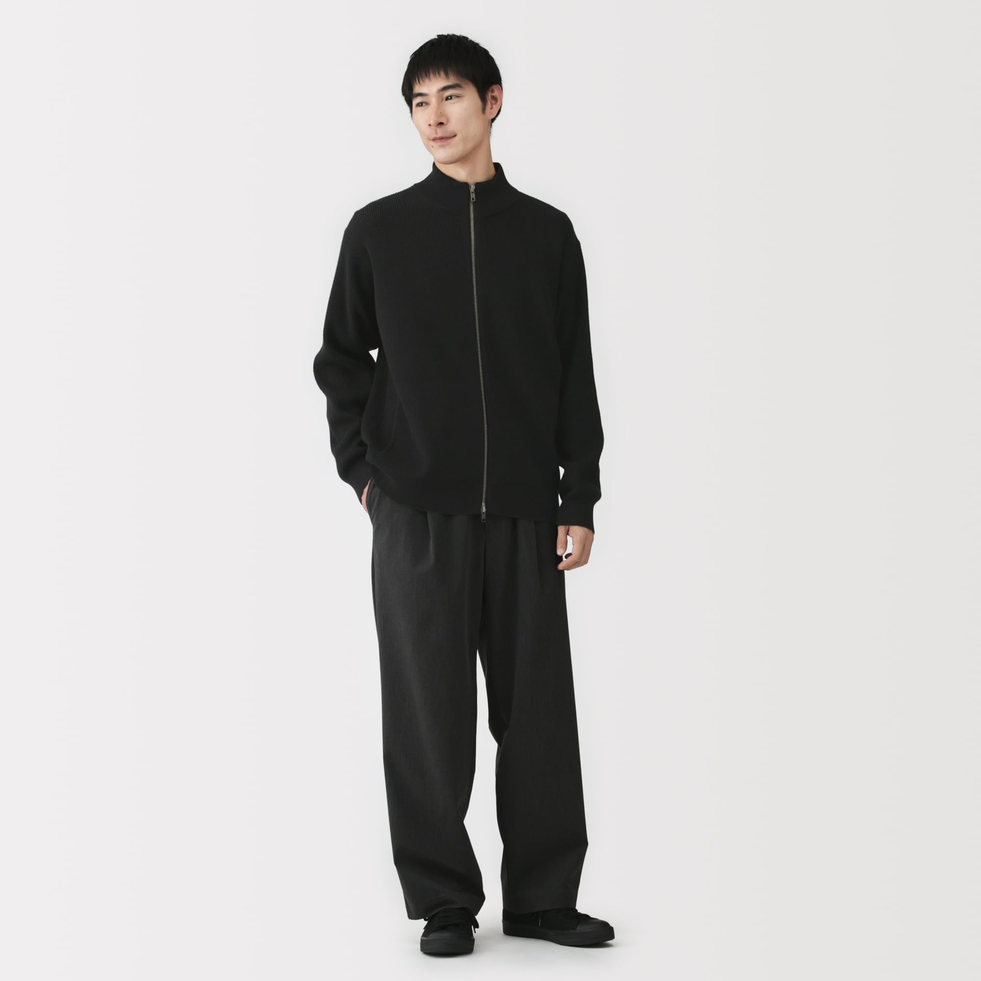 紳士　洗える畦編みフルジップカーディガン