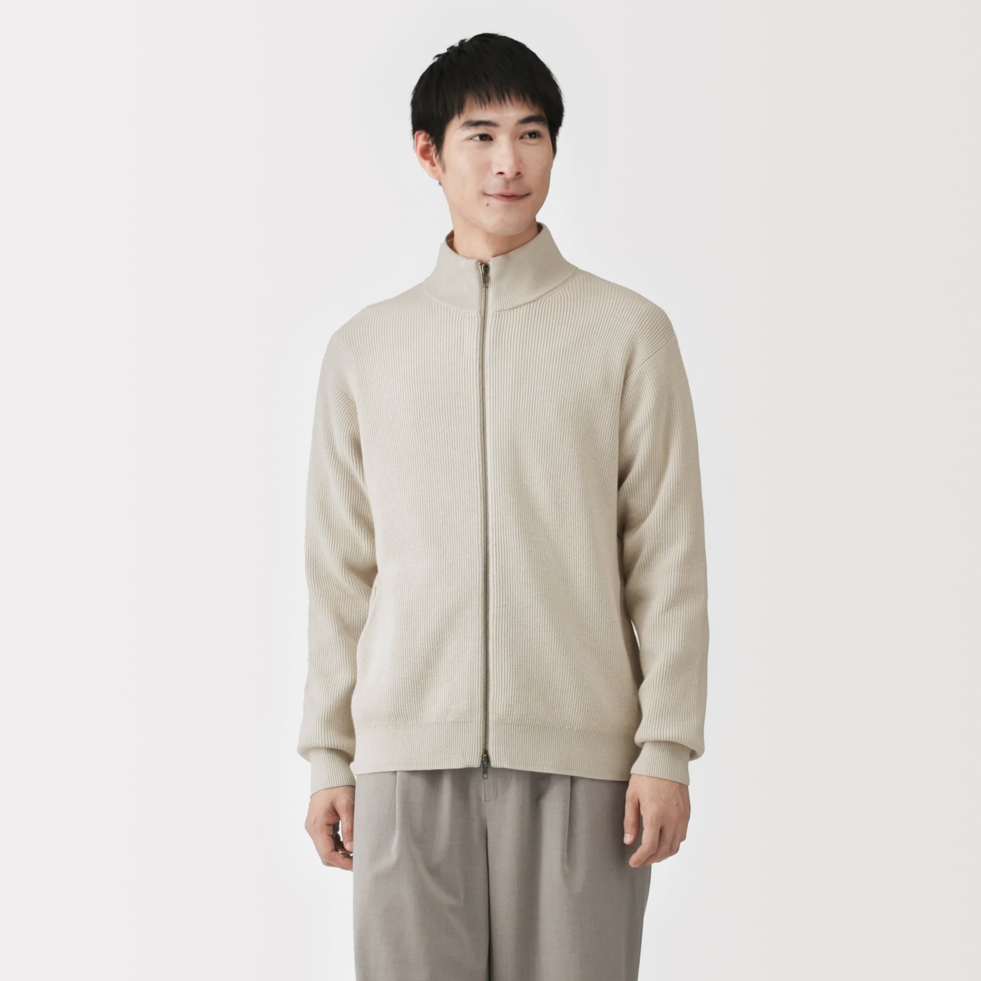紳士　洗える畦編みフルジップカーディガン