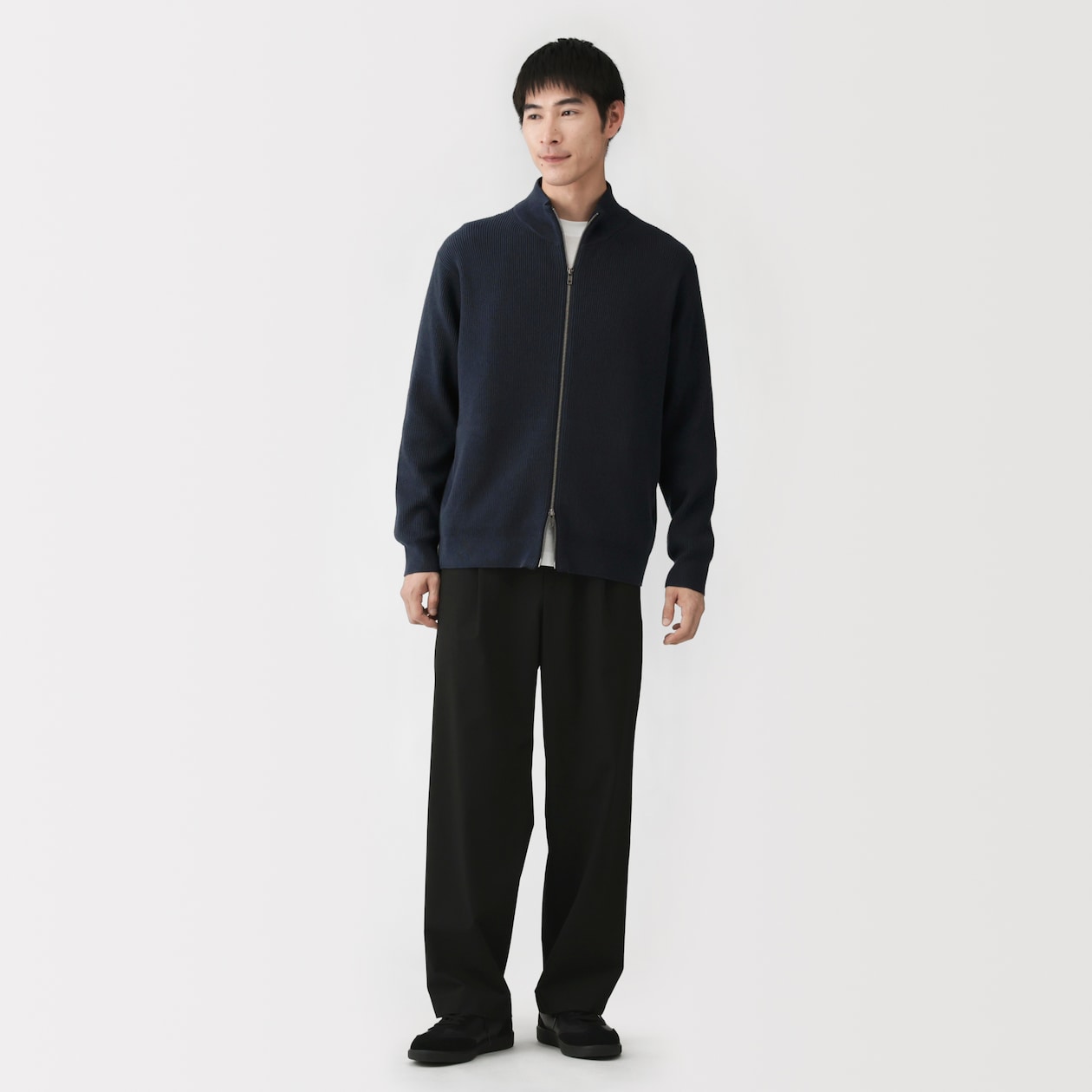 紳士　洗える畦編みフルジップカーディガン