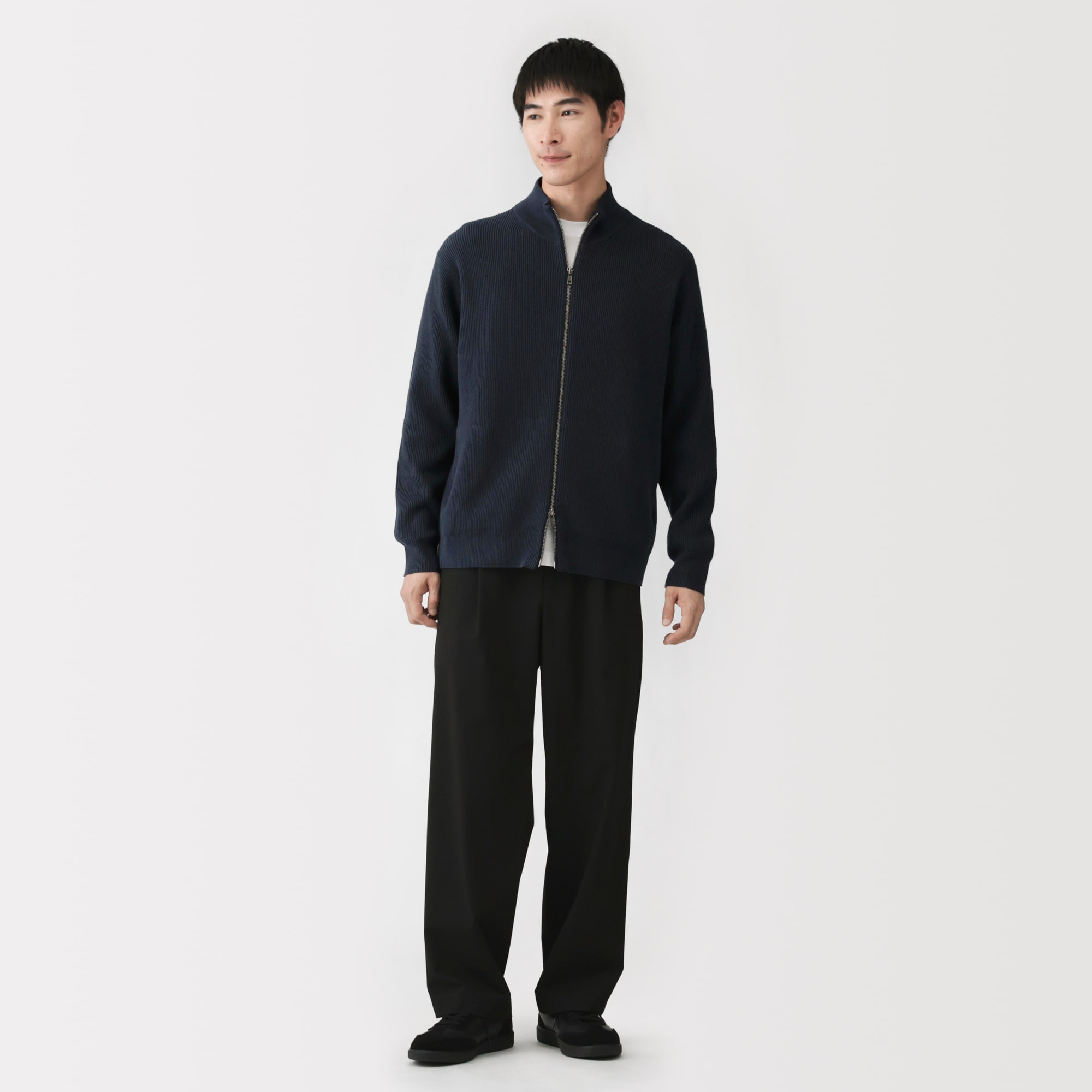 紳士　洗える畦編みフルジップカーディガン