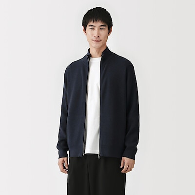紳士　洗える畦編みフルジップカーディガン