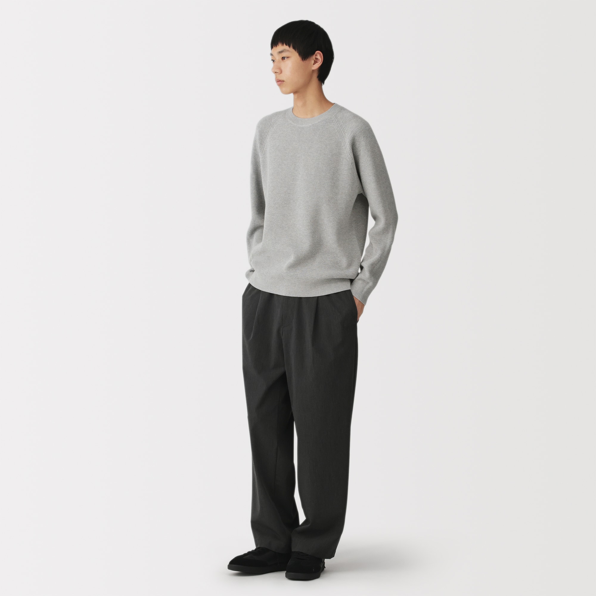 紳士 洗えるワッフル編みクルーネックセーター | 無印良品