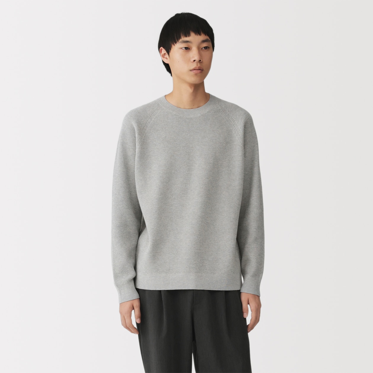 紳士　洗えるワッフル編みクルーネックセーター