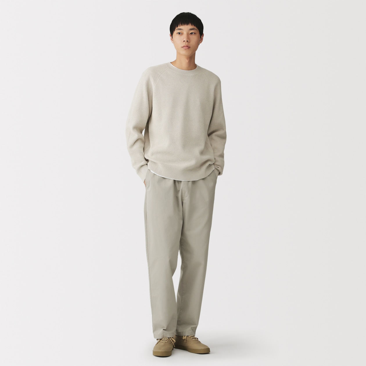 紳士　洗えるワッフル編みクルーネックセーター