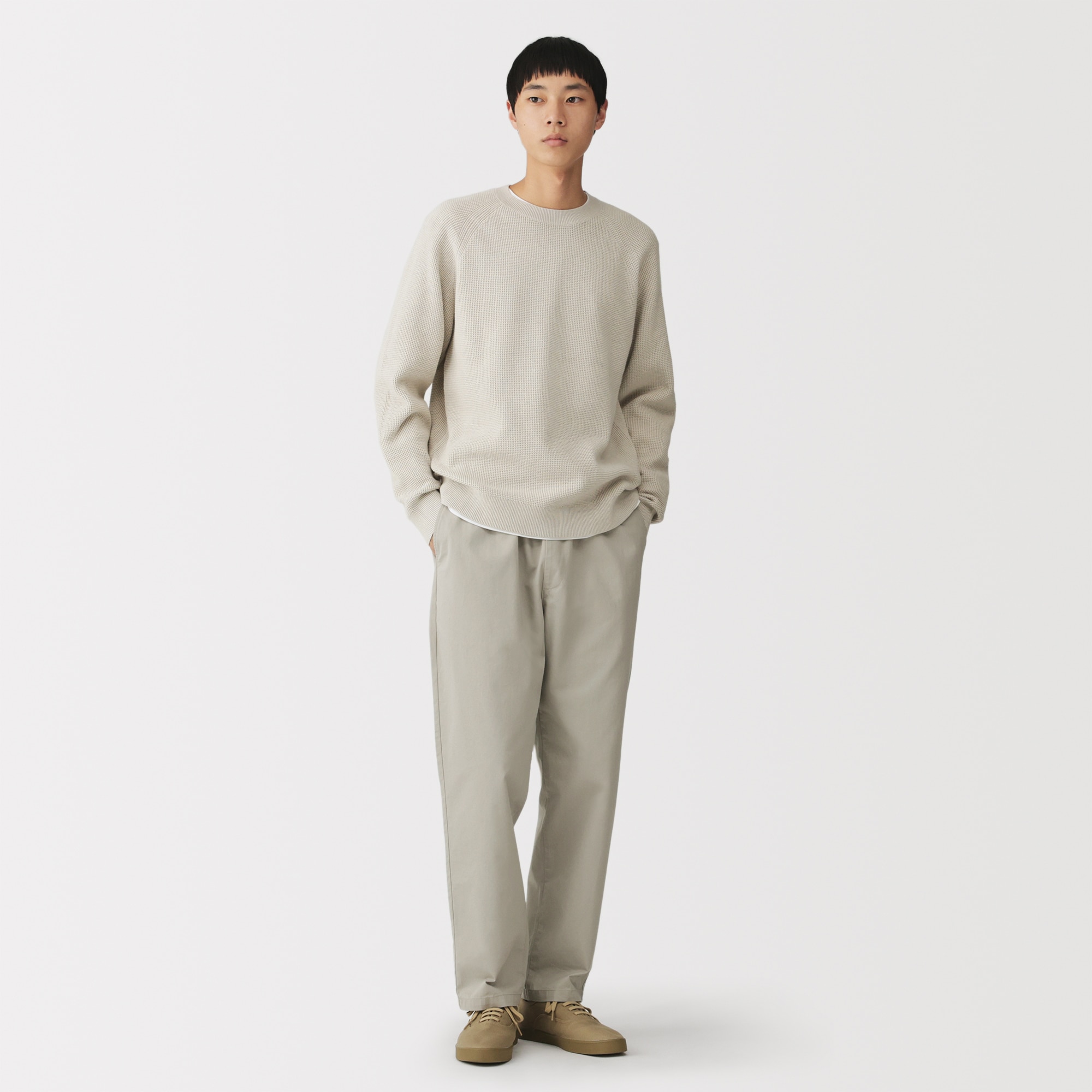 紳士　洗えるワッフル編みクルーネックセーター