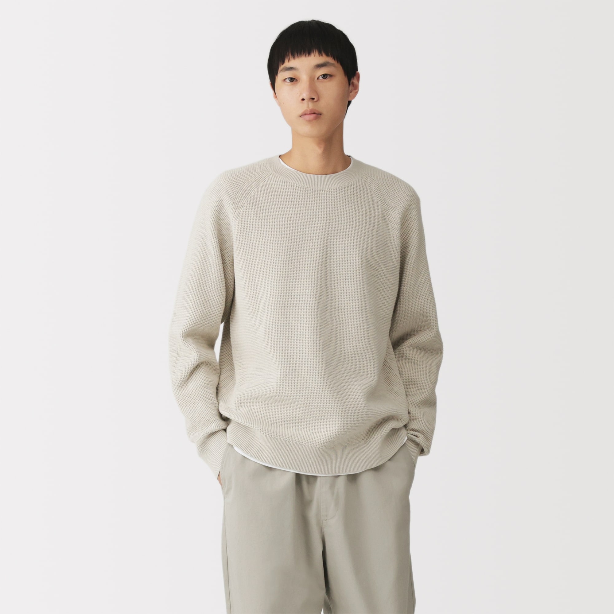 紳士 洗えるワッフル編みクルーネックセーター | 無印良品